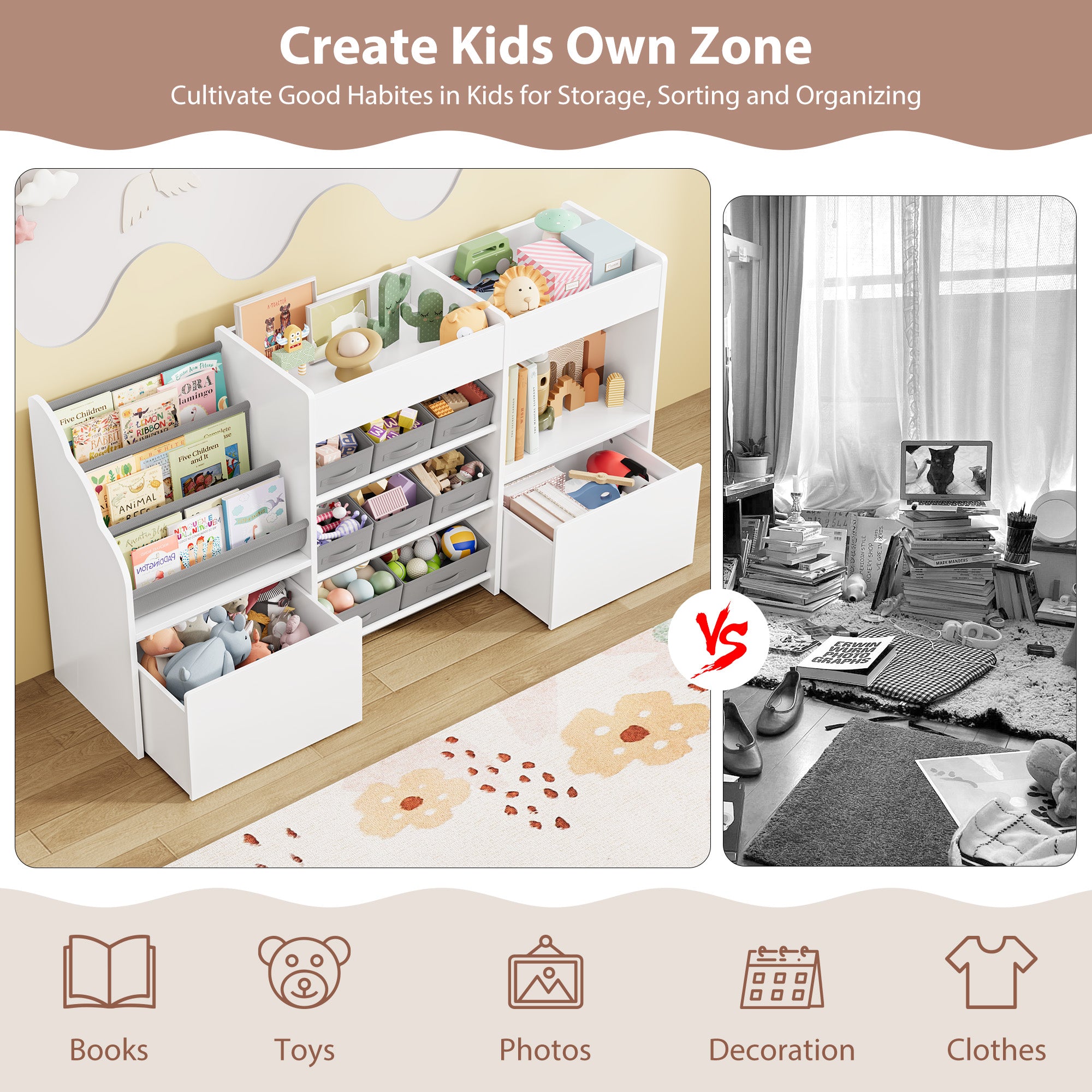 Hiphuta 62” Wide Kids Bookcase with Toy Storage Organizer, Wood Toy Organizer of 8 Fabric Boxes & 2 Removable Drawers, White