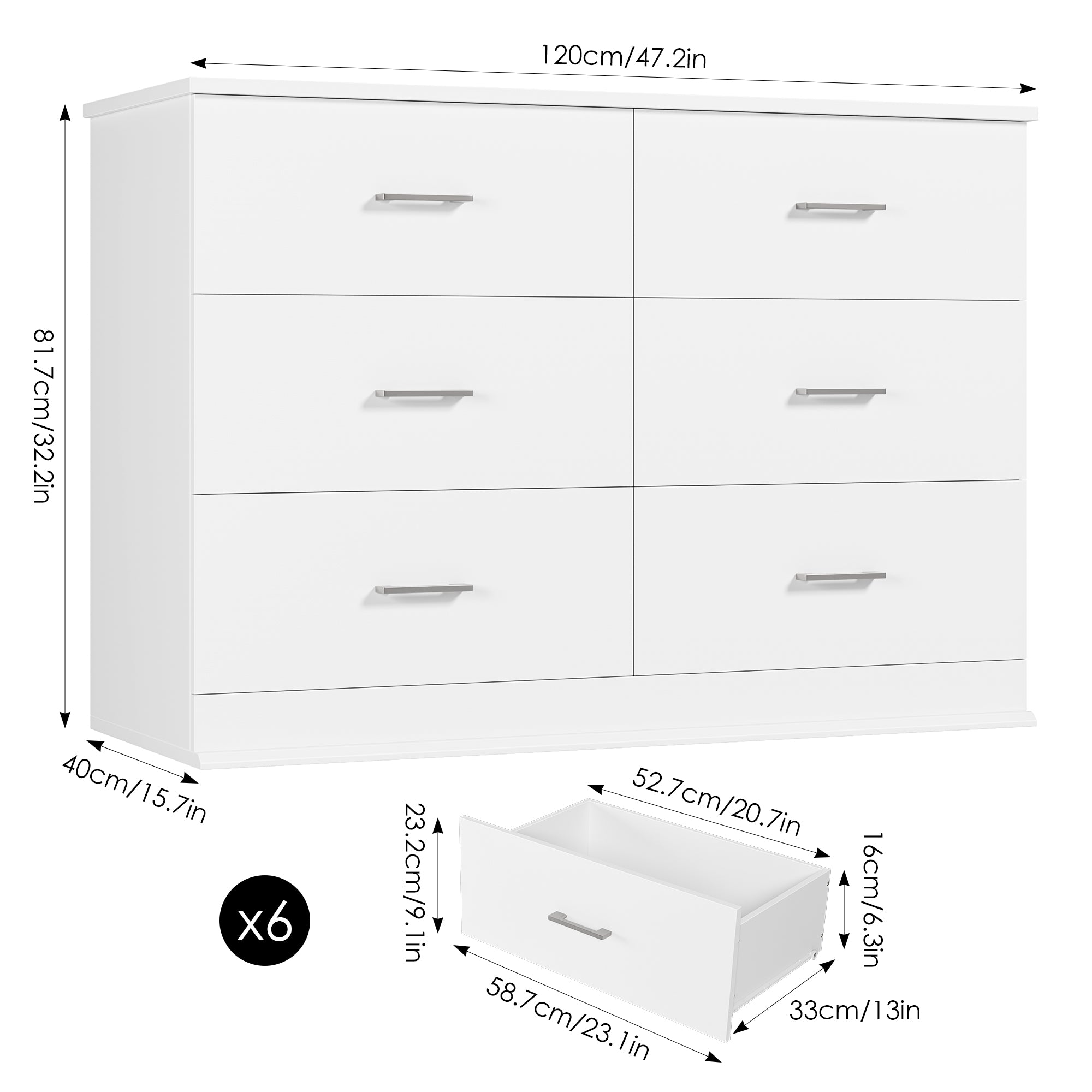 Hiphuta 47'' Wide Modern 6 Drawer Double Dresser, Chest of Drawers for Bedroom, White