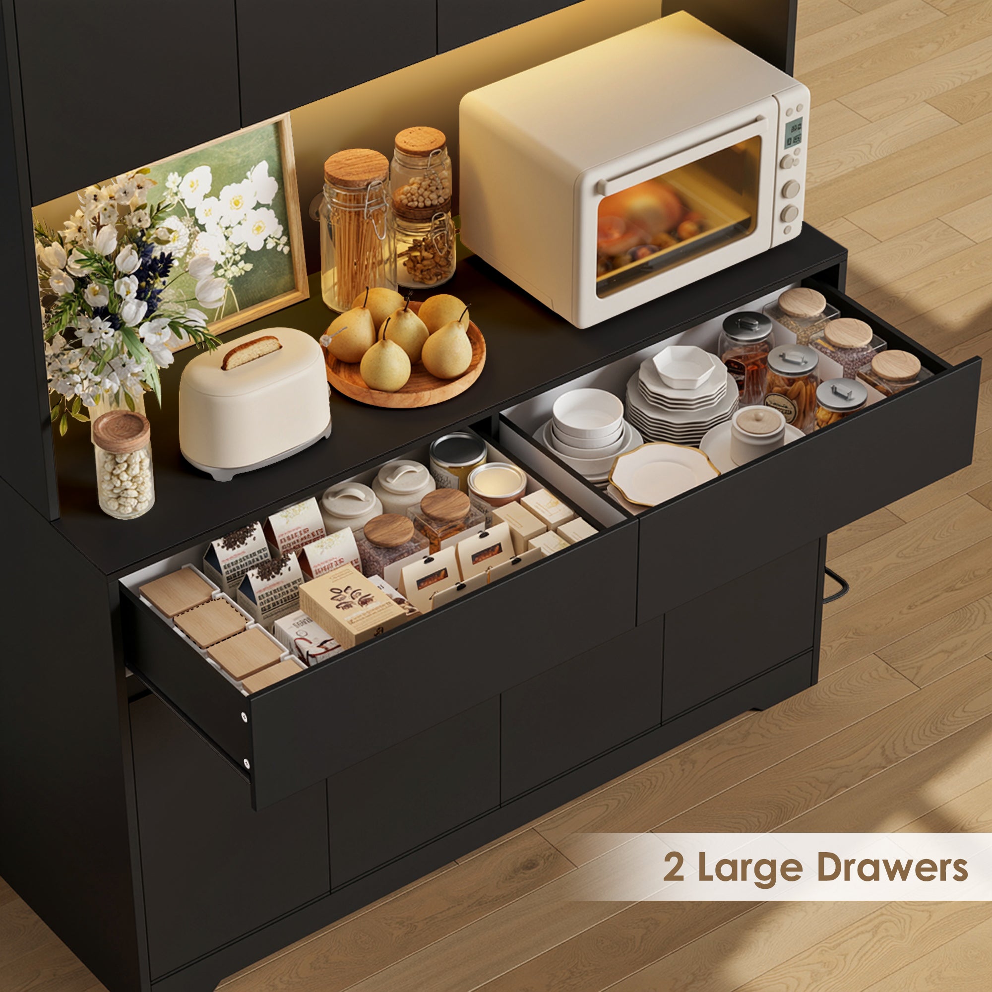 Hiphuta 71"Tall Modern Pantry Cabinet with Charge Station & Led Light, Freestanding Kitchen Hutch Cabinet for Dining Room, Black