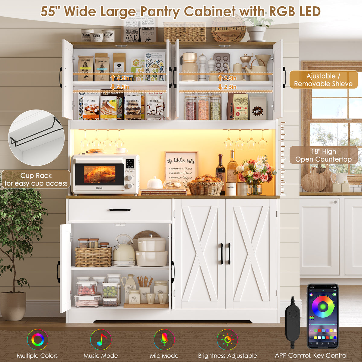Hiphuta Large Kitchen Pantry Storage Cabinet with 8 Doors, Farmhouse Hutch Cabinet with RGB LED and Cup holders, White