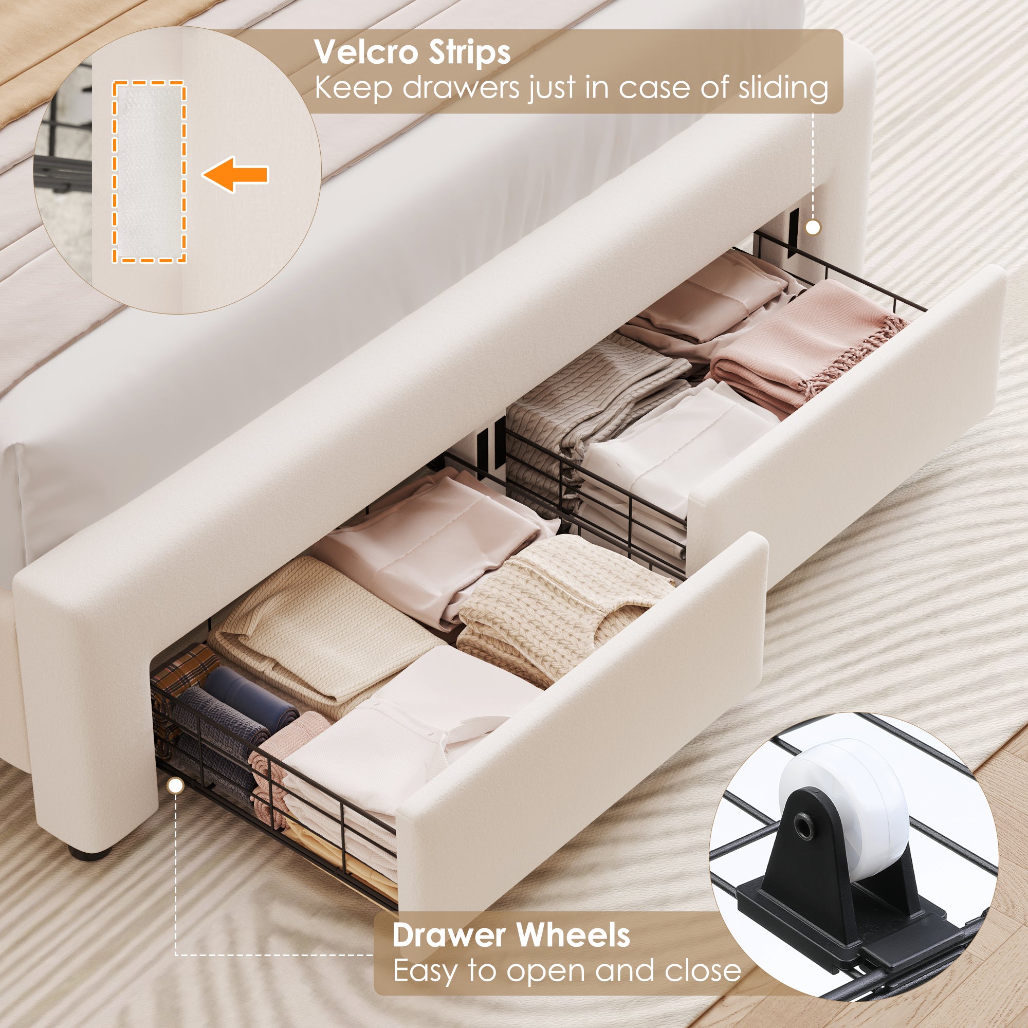 Hiphuta Full Size Bed with Power Outlet & LED, Upholstered Princess Beds with Drawer, Full Beds with Headboard Storage, Beige