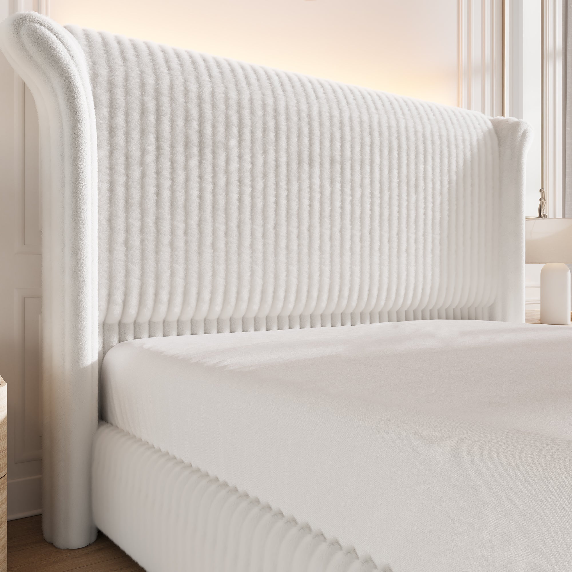 Hiphuta Modern King Size Corduroy Upholstered Bed Frame, LED Platform Bed Frame with 55"H Vertical Stripe Tufted Corduroy Velvet Wingback Headboard, White