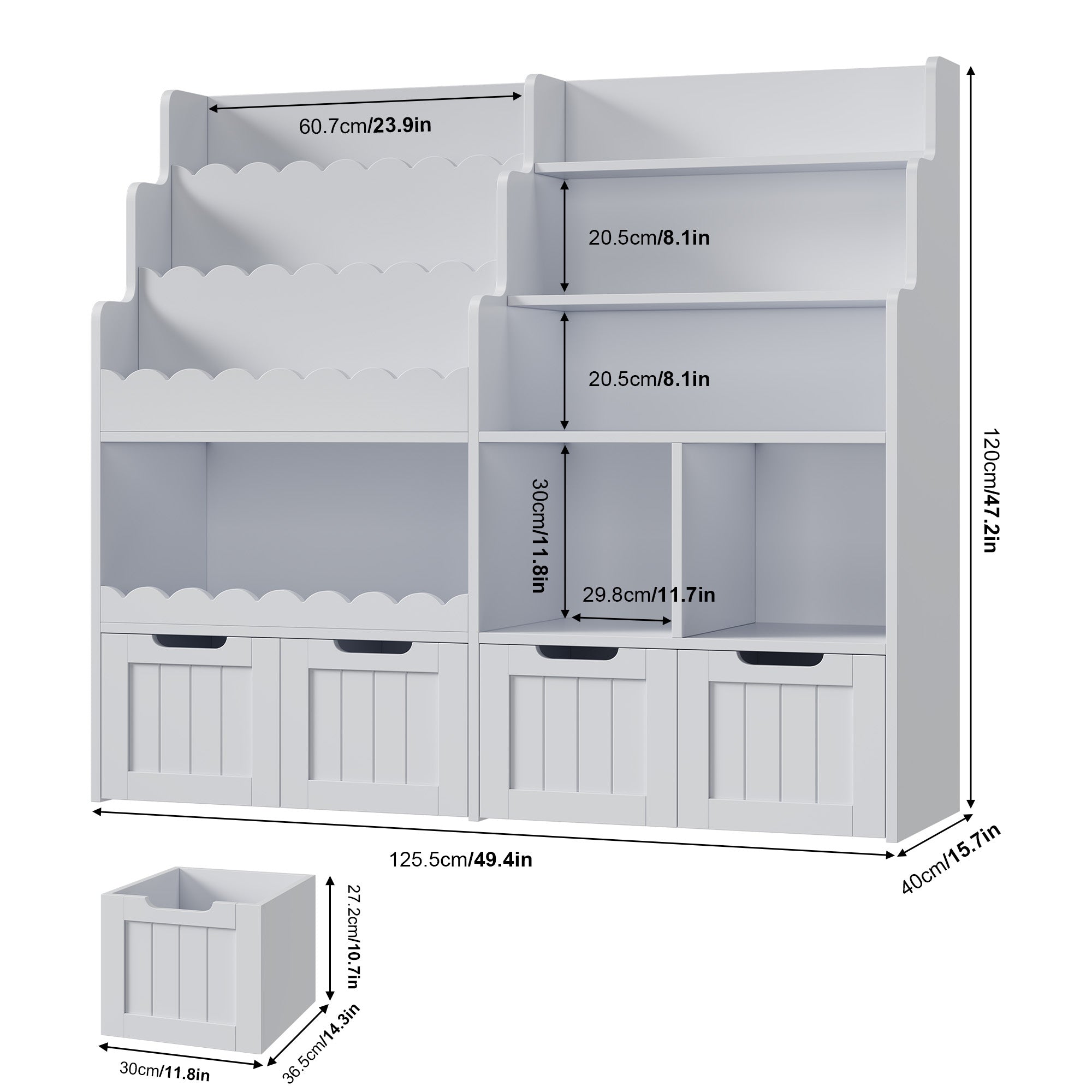 Hiphuta 47”Wide Large Kids Toy Storage Organizer, Wood Toy Cabinet with Book Rack & Movable Bins, Gray Toy Box for Kids Bedroom