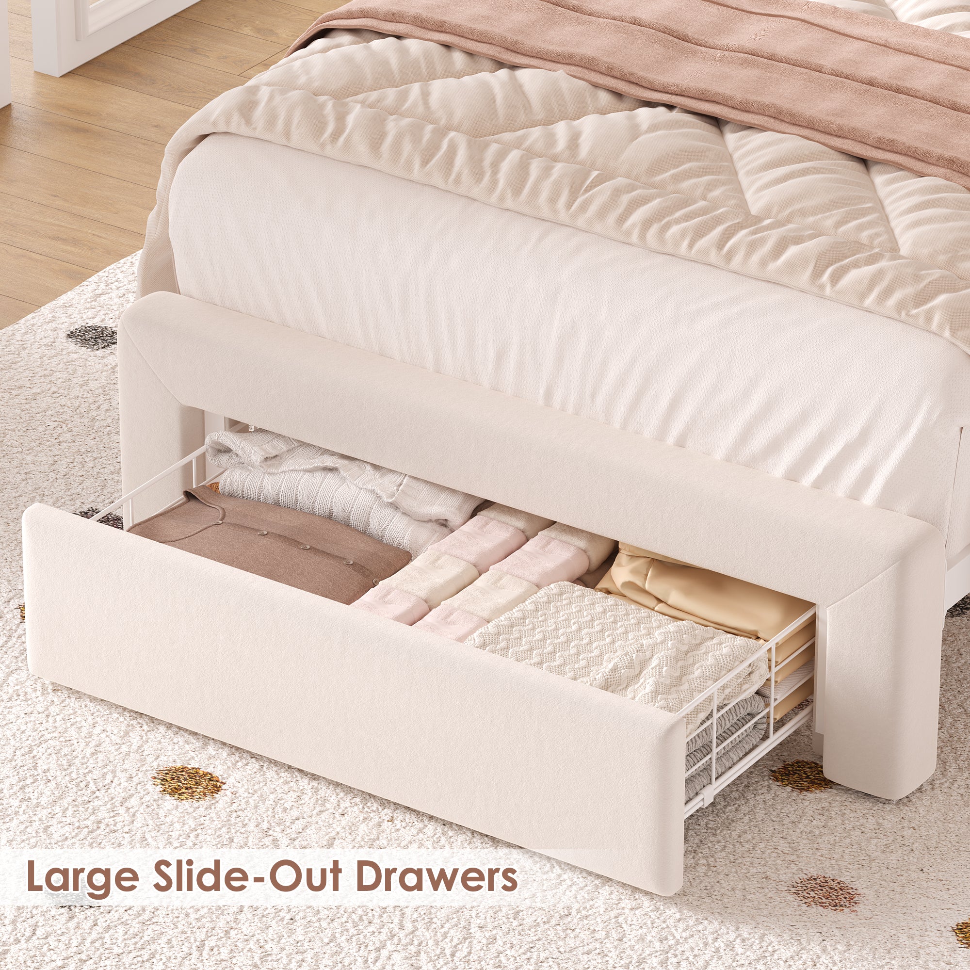 Hiphuta Twin Size Bed Frame with RGB LED and Power Outlets, Velvet Upholstered Platform Bed with Drawer and Side Storage, White