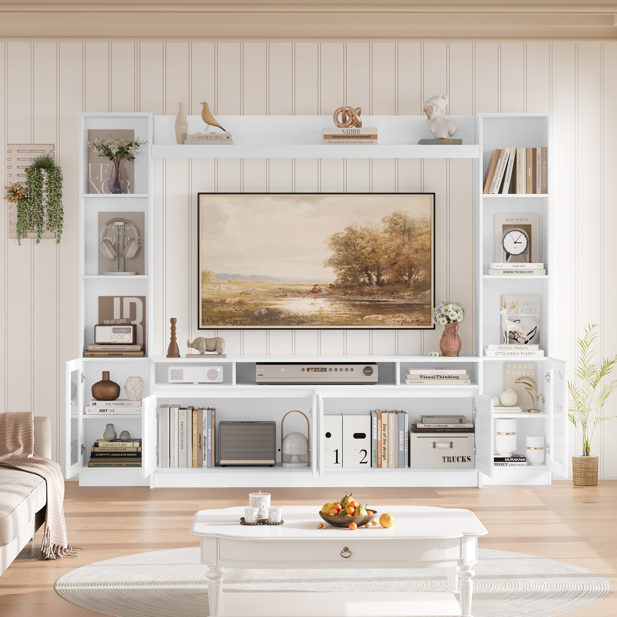 Hiphuta 79" W Wall Unit Entertainment Center for TVs up to 65", Farmhouse Wall Unit TV Stand with Bookshelves and Cabinet, Entertainment Center with LED Lights for Living Room, White