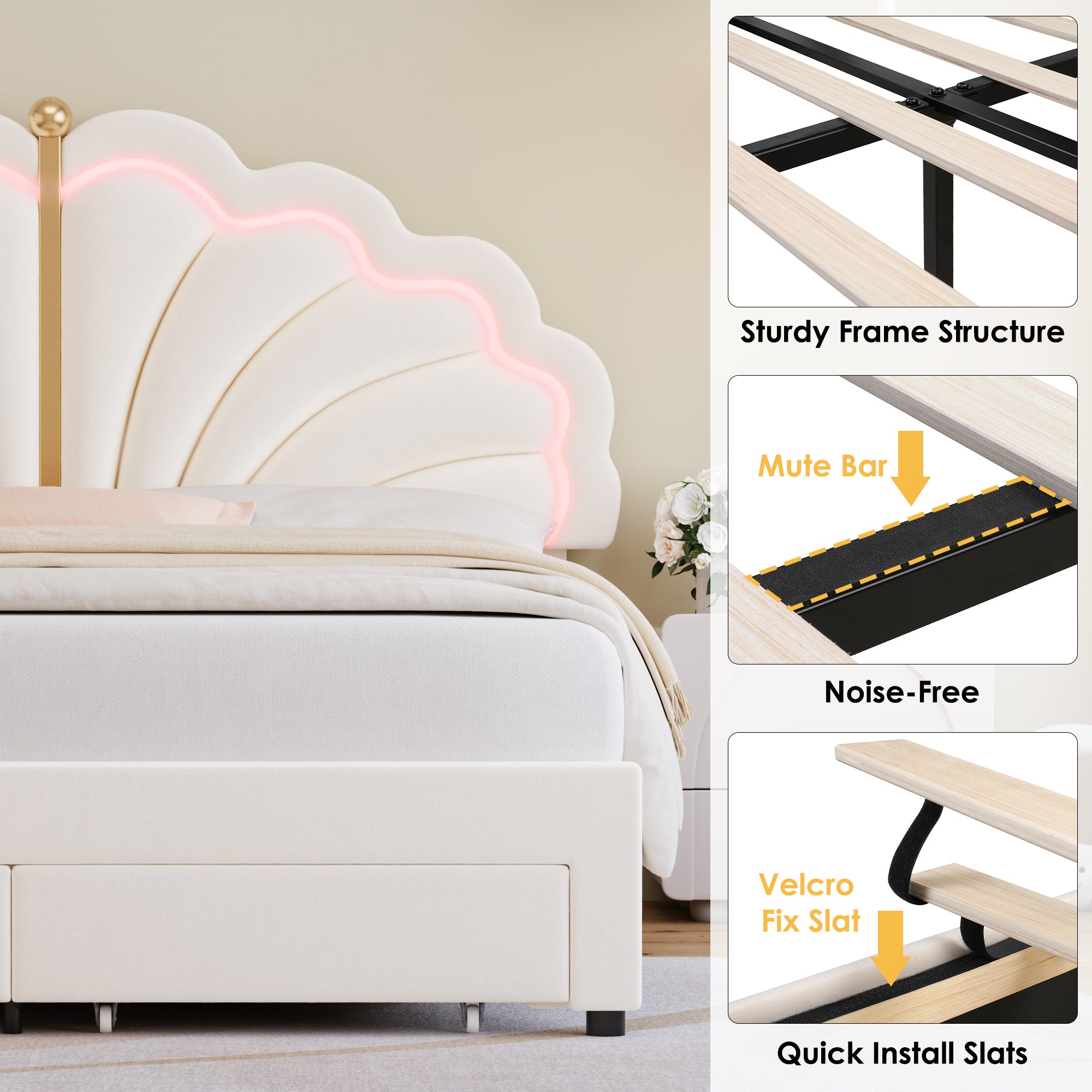 Hiphuta Kids LED Queen Bed with 2 Drawers, LED Lights Platform Bed Frame with Upholstered Tufted Headboard, No Box Spring Needed, Velvet White