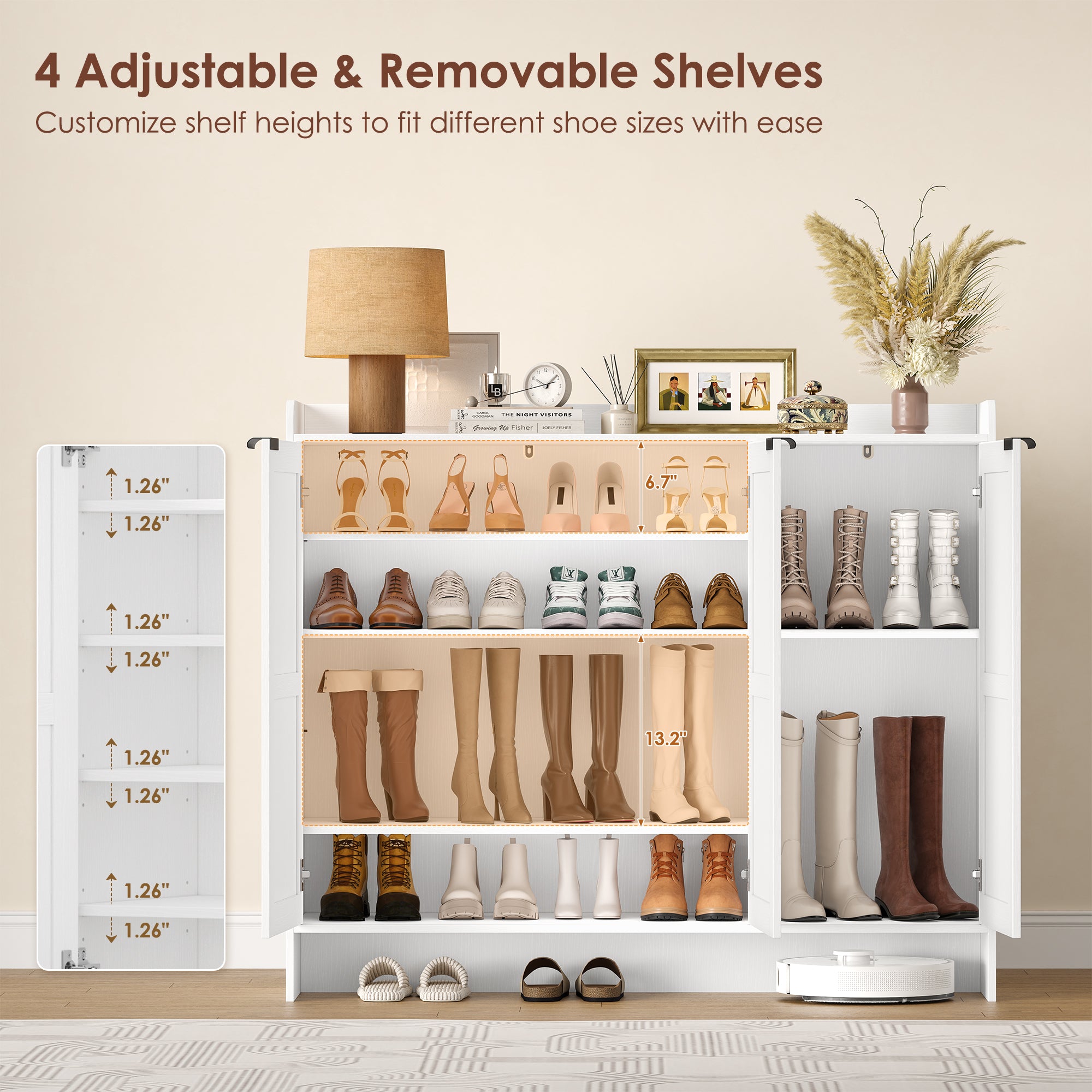 Hiphuta 48" Wide 6-Tier Shoe Cabinet with 4 Adjustable Shelves, Holds Up to 35 Pairs, Farmhouse Wood Grain Shoe Rack Organizer with 3 Doors and Table Top, White