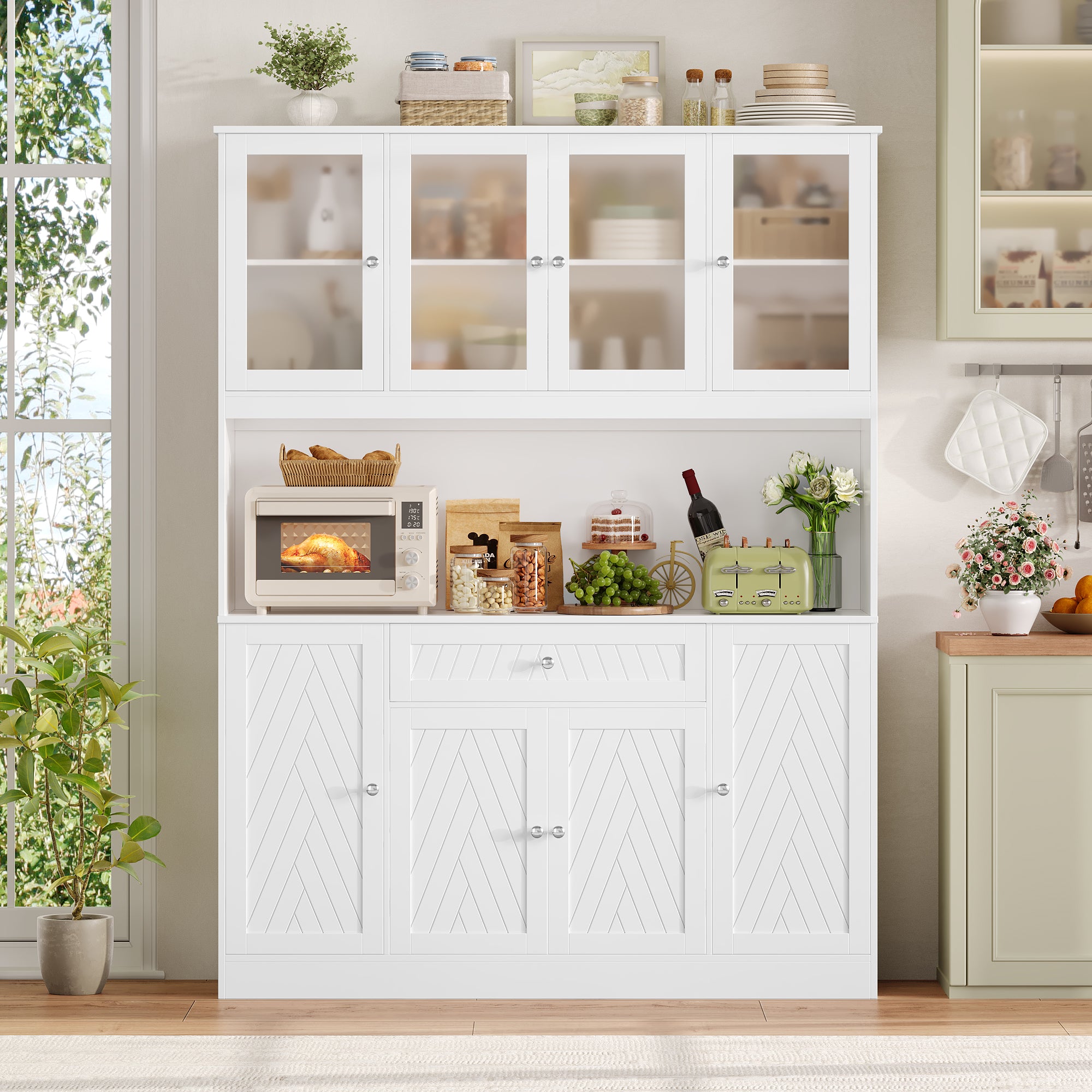 Hiphuta 72" H Kitchen Pantry Cabinet with Frosted Glass Door, Farmhouse Kitchen Storage Cabinet with Cable Management, Large Kitchen Hutch for Kitchen Dining Room,White