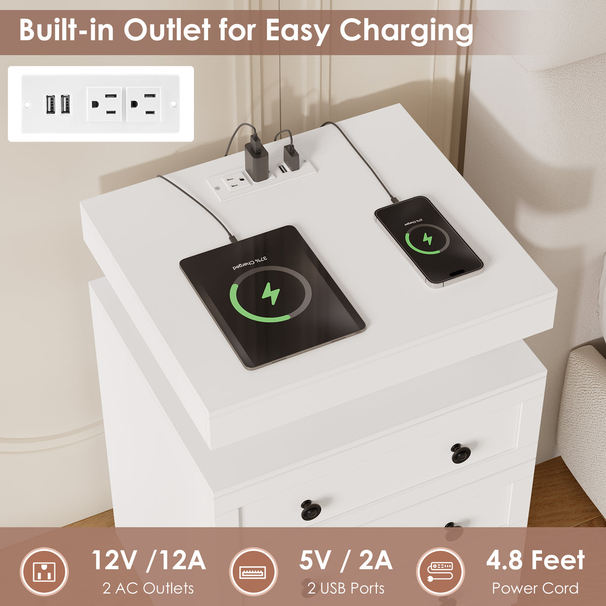 Hiphuta Set of 2 Nightstands with RGB LED and Charging Station for Bedroom, Sofa Tables with 3 Drawers for Living Room, Modern Beside Tables with Storage, White