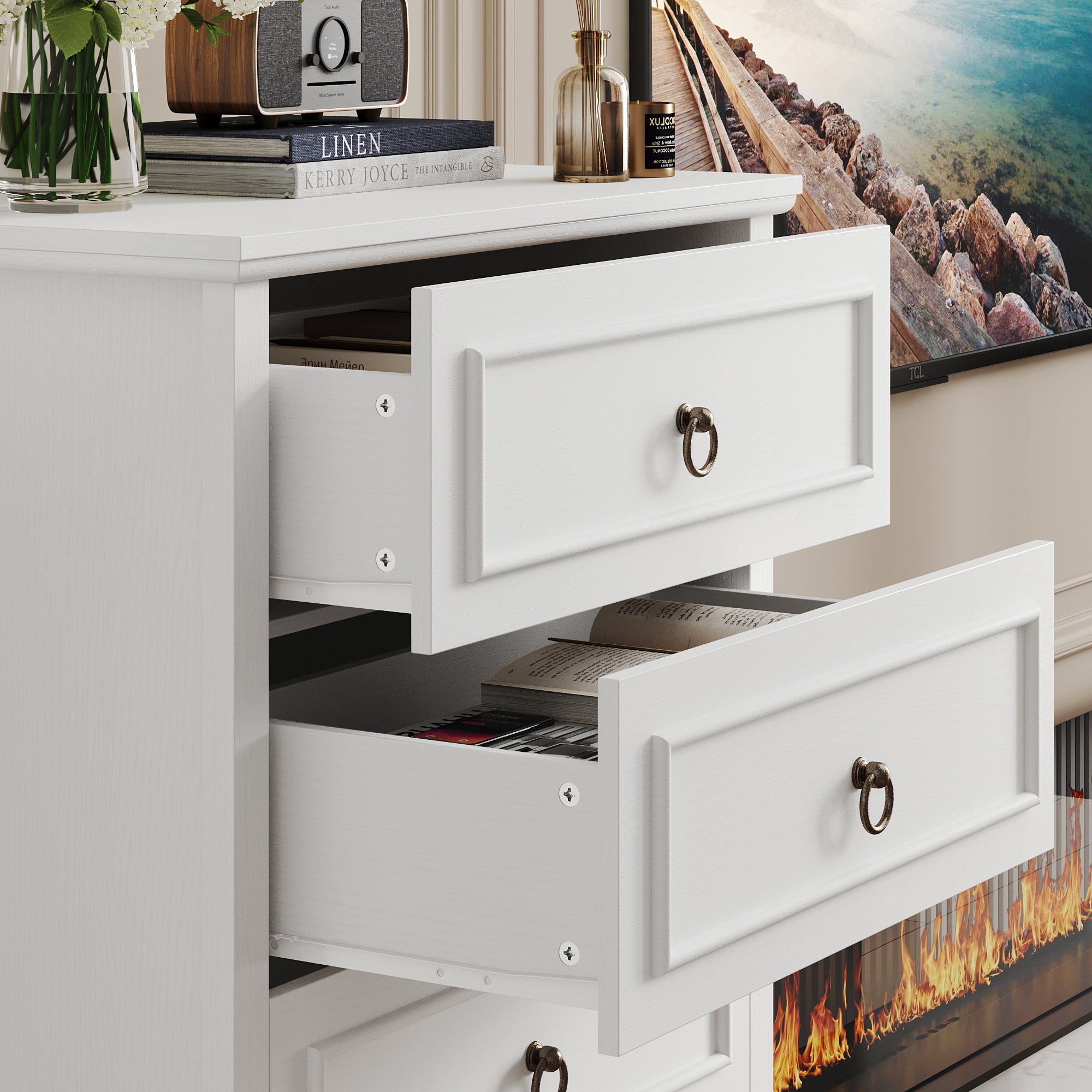 Hiphuta Modern 5 Drawers Tall Dresser for Bedroom with Metal Handle, Large Dresser Organizer, Wood Chest of Drawers, White