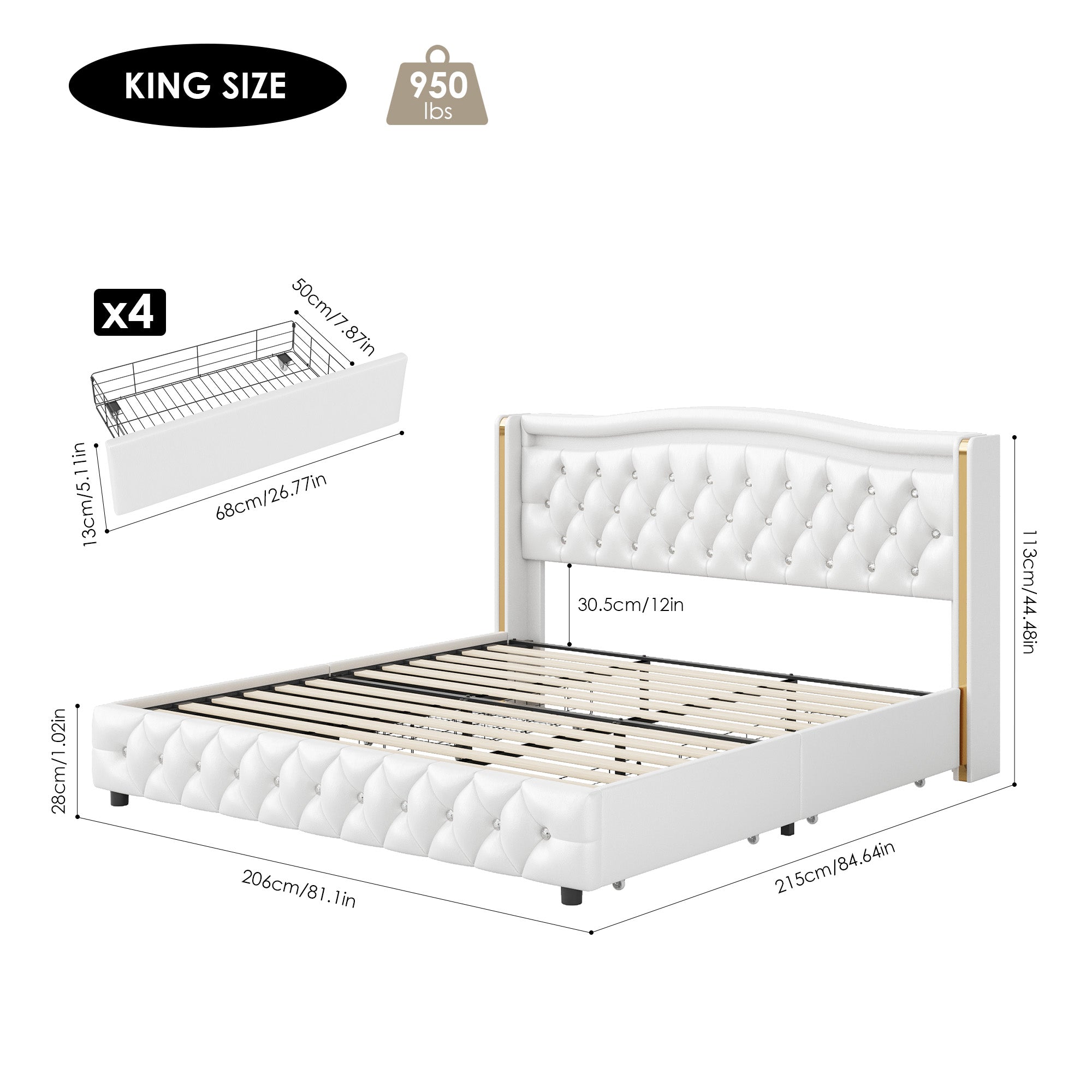 Hiphuta King Platform Bed Frame with 4 Storage Drawers, Crystal Button-Tufted Wingback Headboard, Modern PU Upholstered, White