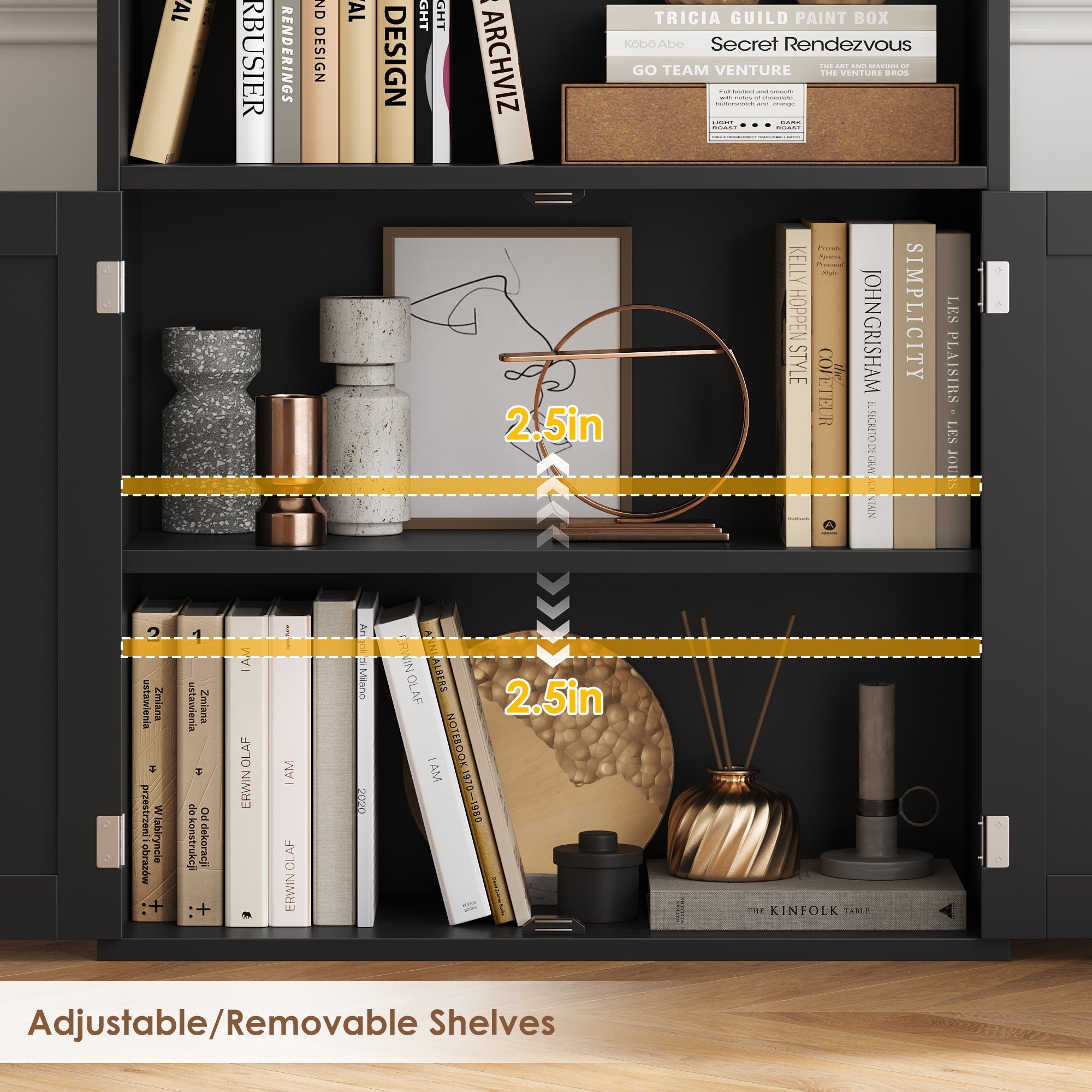 Hiphuta 81.5" Tall Bookcase with Doors, 5-Tier Bookshelves with Storage, 23.6"W Display Shelf with 2 Doors for Home Office, Living Room, Black