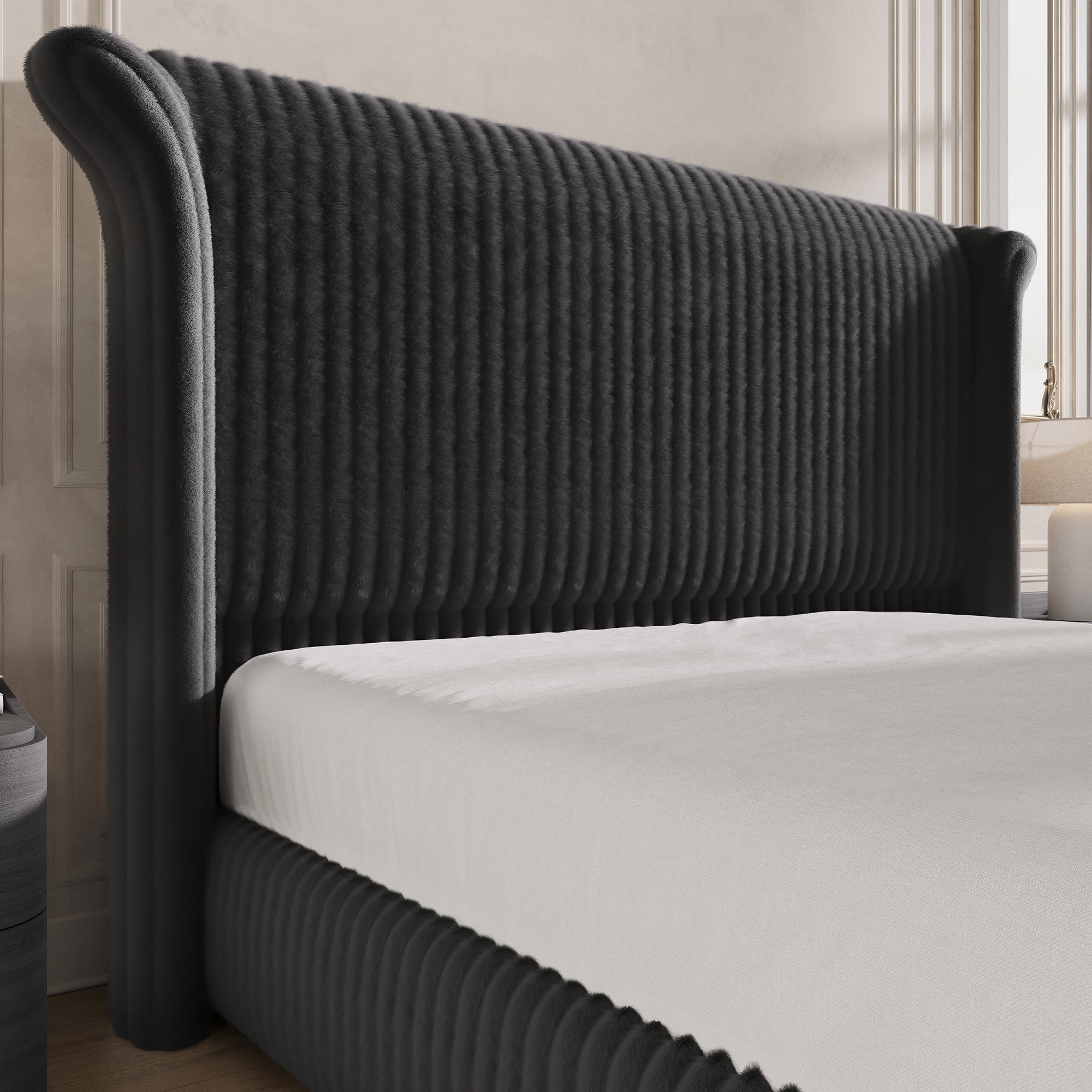 Hiphuta Modern Queen Size Corduroy Upholstered Bed Frame, LED Platform Bed Frame with 55"H Vertical Stripe Tufted Corduroy Velvet Wingback Headboard, Black