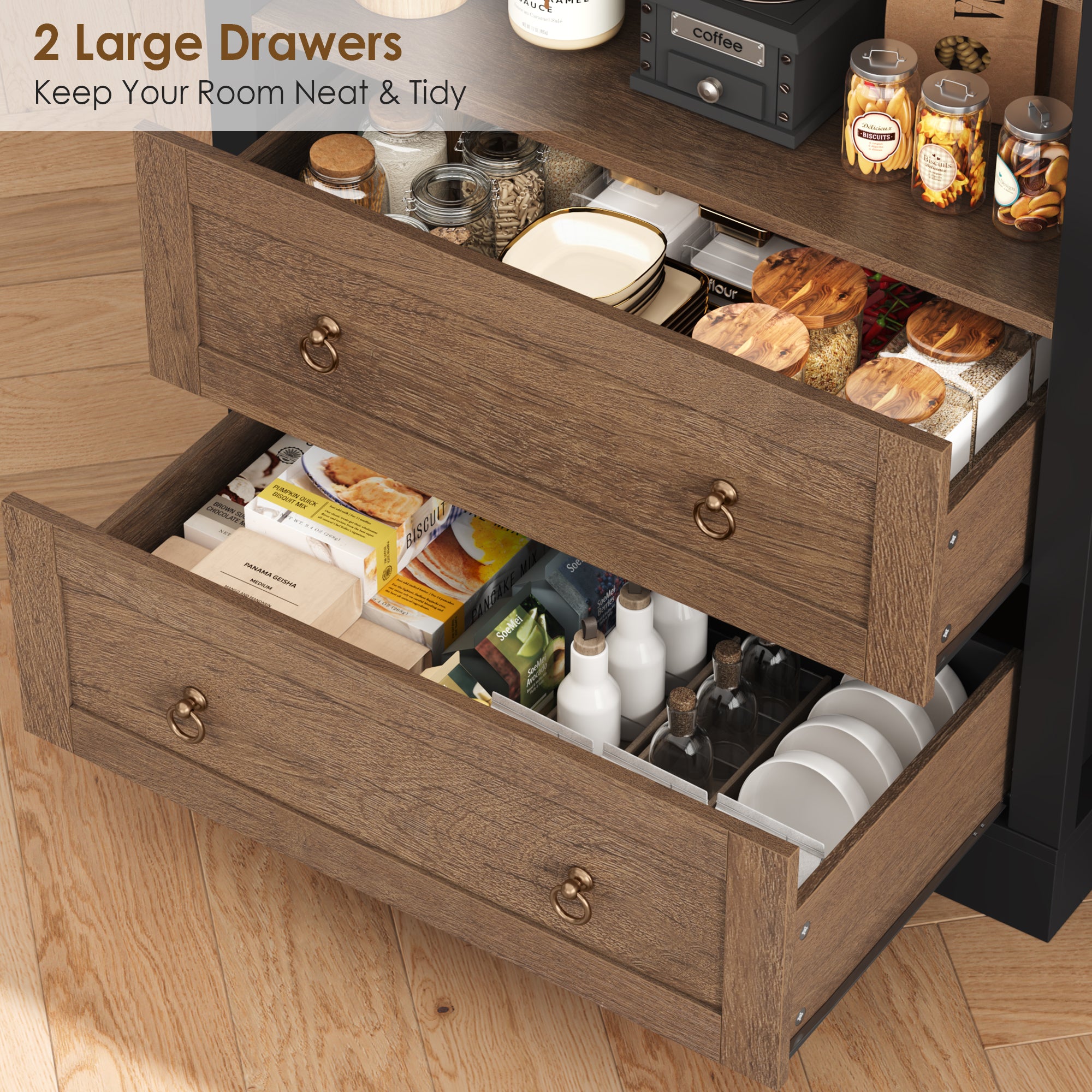 Hiphuta 70” Tall Arched Kitchen Pantry Storage Cabinet with 2 Large Drawers and 4 Open Shelves, Freestanding Modern Farmhouse Versatile Hutch Cupboard for Dining Room, Black & Oak
