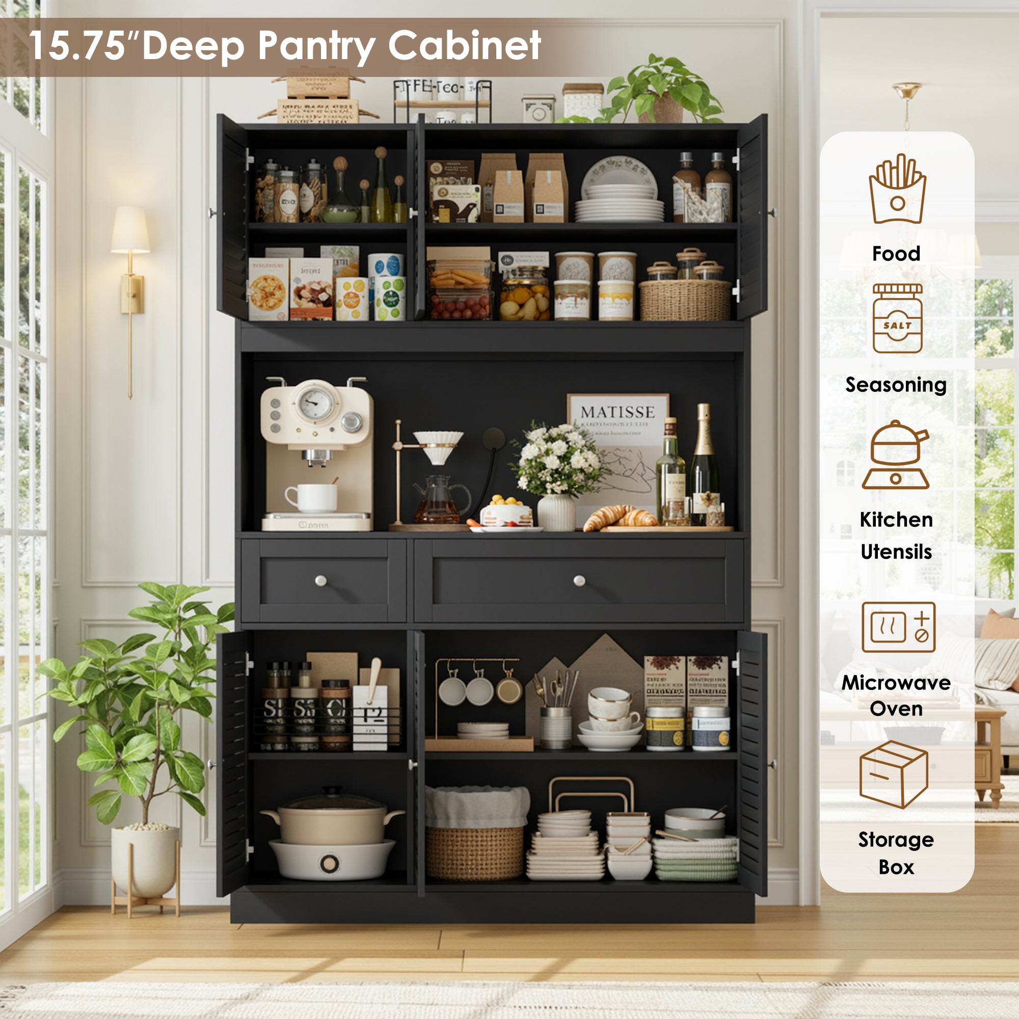 Hiphuta 70” Tall Modern Pantry Cabinet with Adjustable Shelves, Freestanding Kitchen Hutch Cabinet with Louvered Door for Dining Room, Black