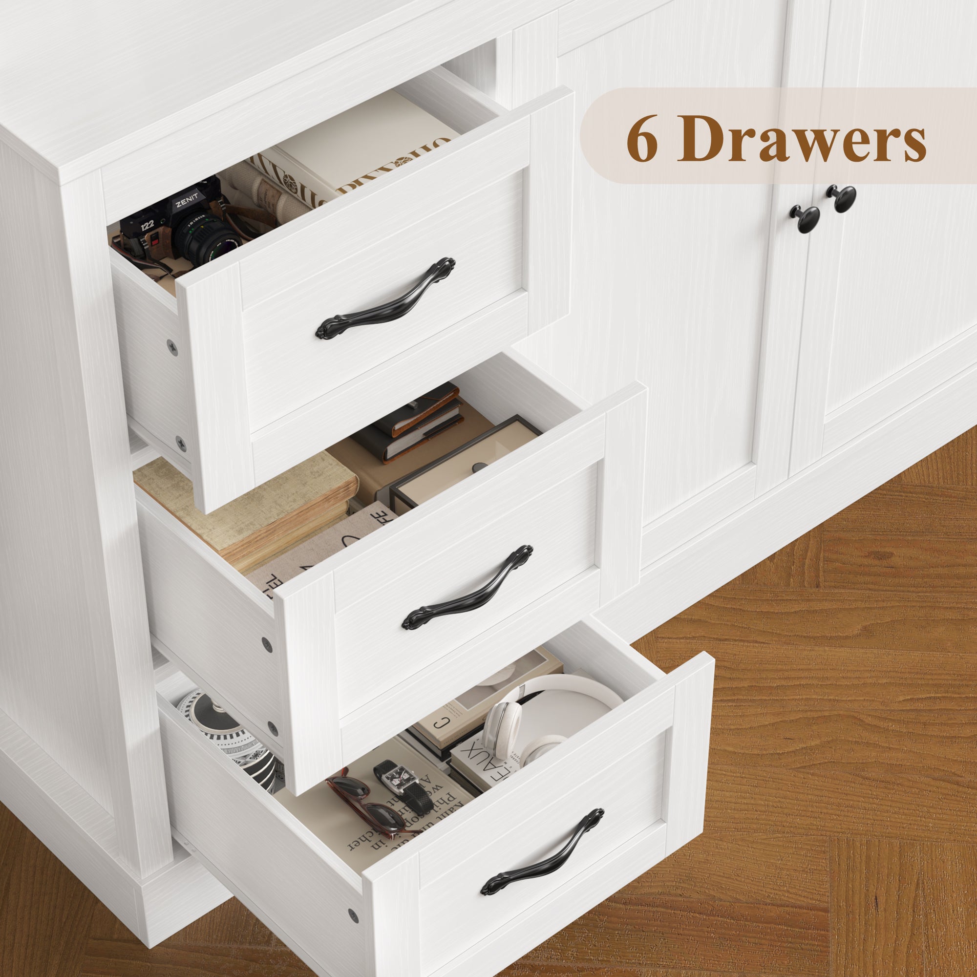 Hiphuta 74 in Tall Bookcase with 6 Drawers, Large Bookcase with Glass Door and Adjustable Shelves, Farmhouse Bookcase for Office Living Room, White