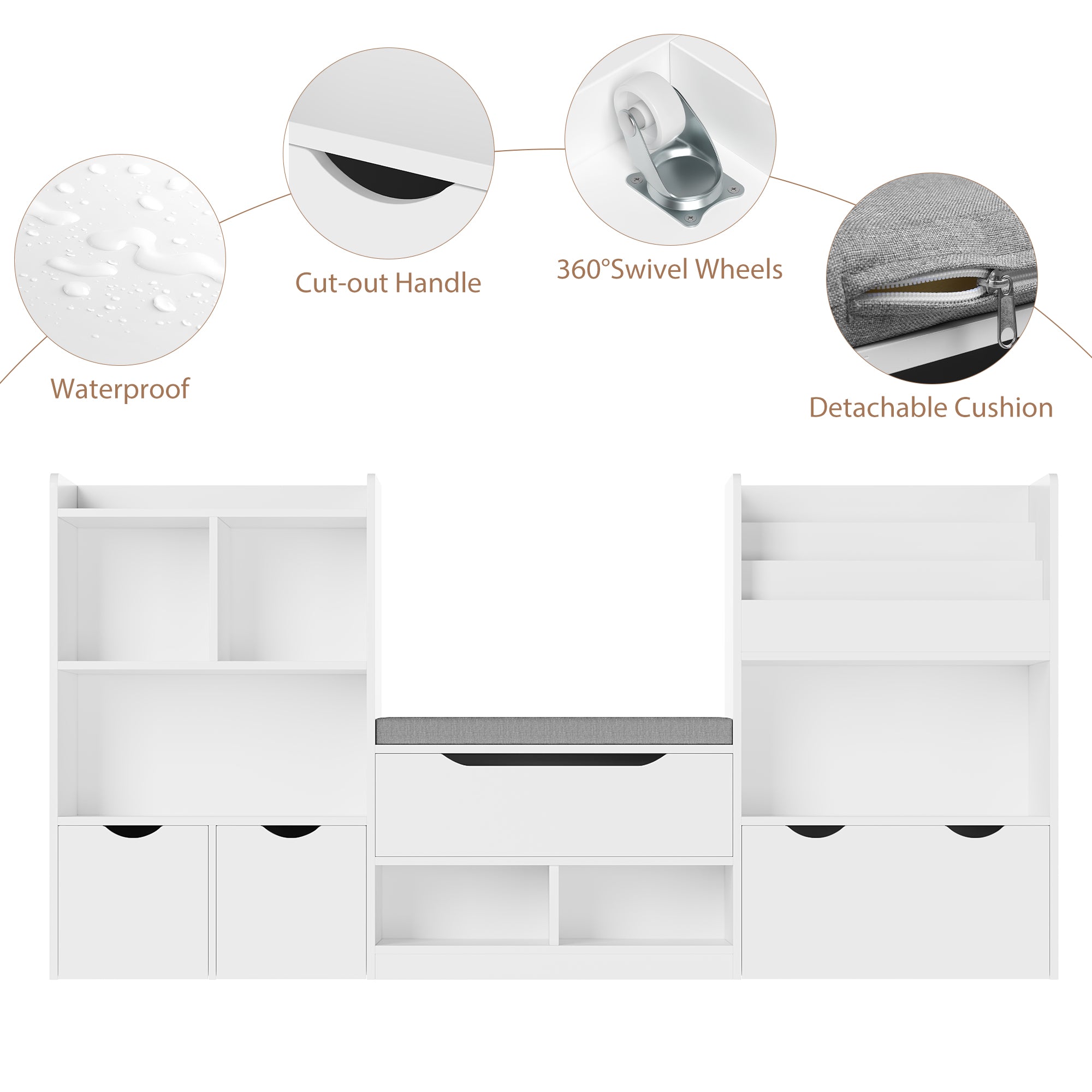 Hiphuta Kids Bookshelf with Reading Nook, Bookcase with Seat Detachable Cushion, Storage Bench with Book Rack, White