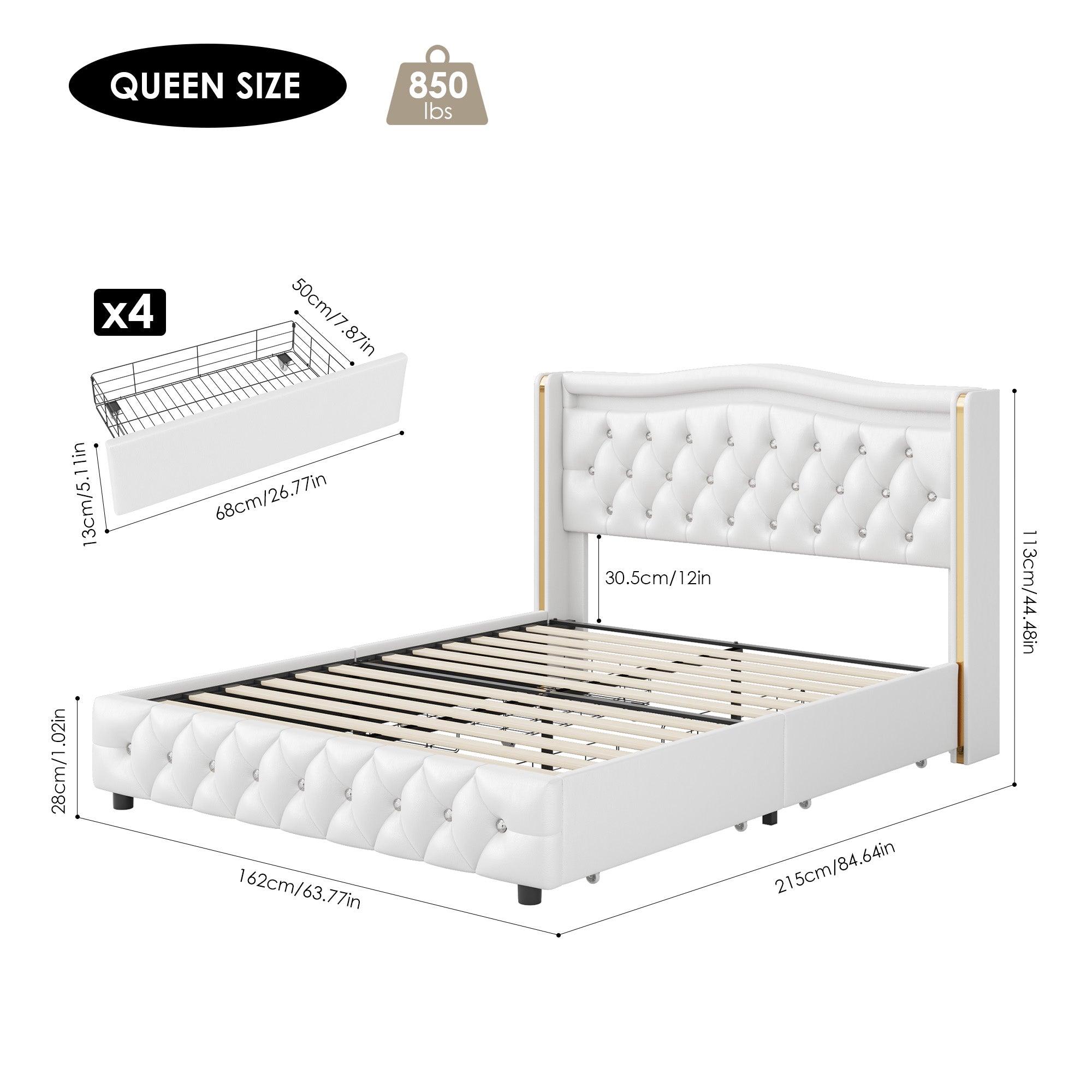 Hiphuta Queen Platform Bed Frame with 4 Storage Drawers, Crystal Button-Tufted Wing back Headboard, Modern PU Upholstered, White