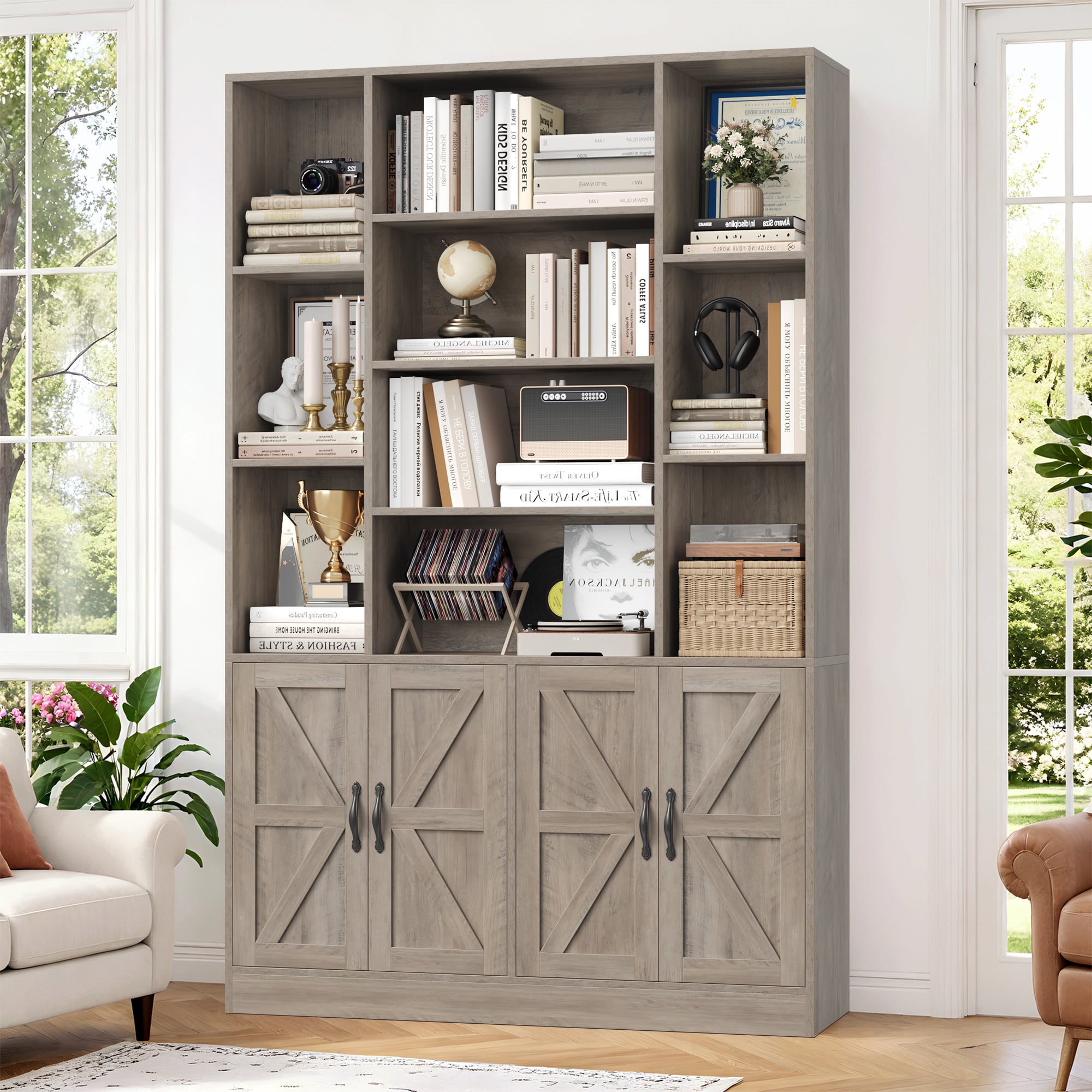 Hiphuta 74.8" Tall Bookcases with 2 Double Door Cabinet, Wooden Storage Bookshelf for Living Room Home Office, Ash Gray