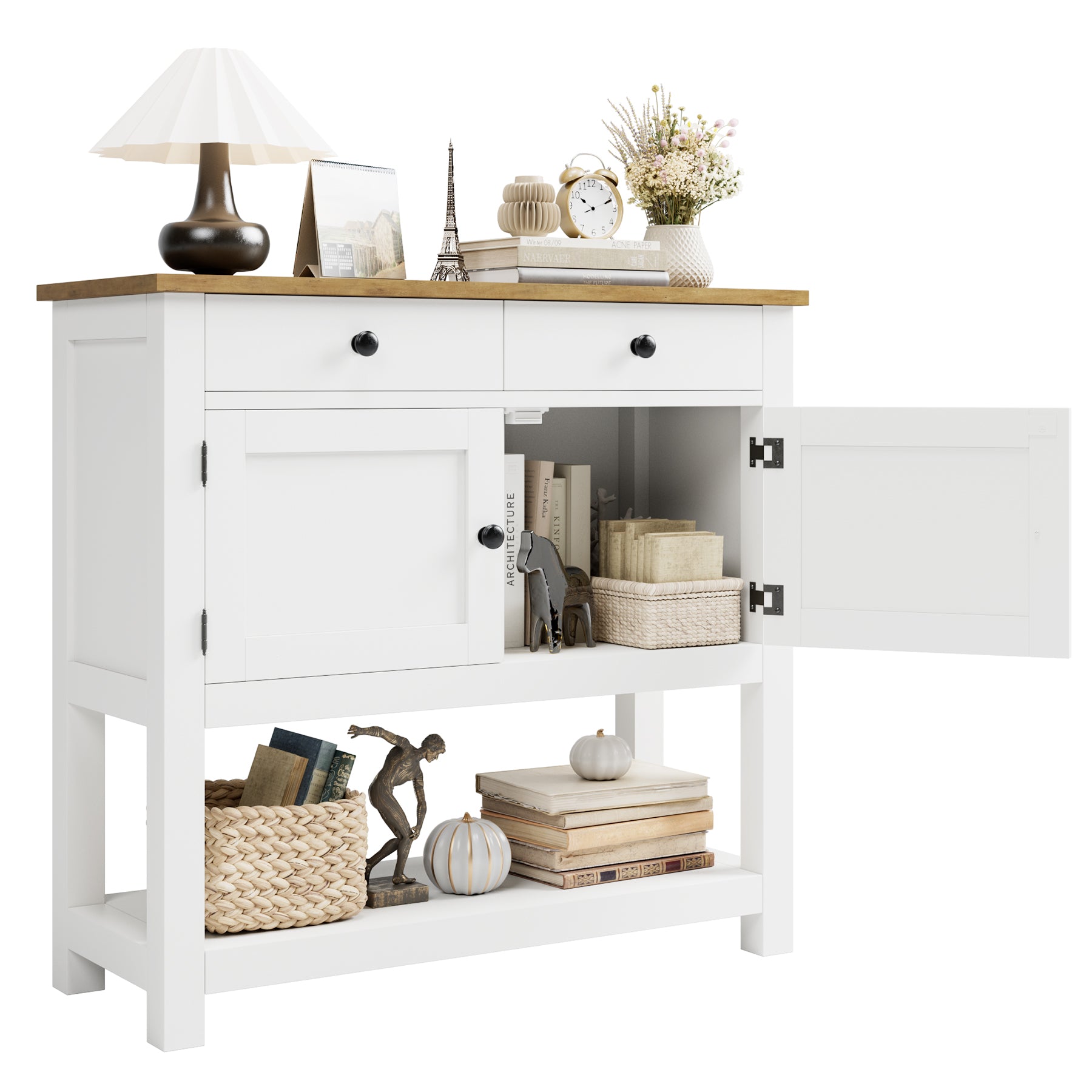 Hiphuta Farmhouse Console Table with 2 Drawers and Cabinet for Entryway Living Room, White