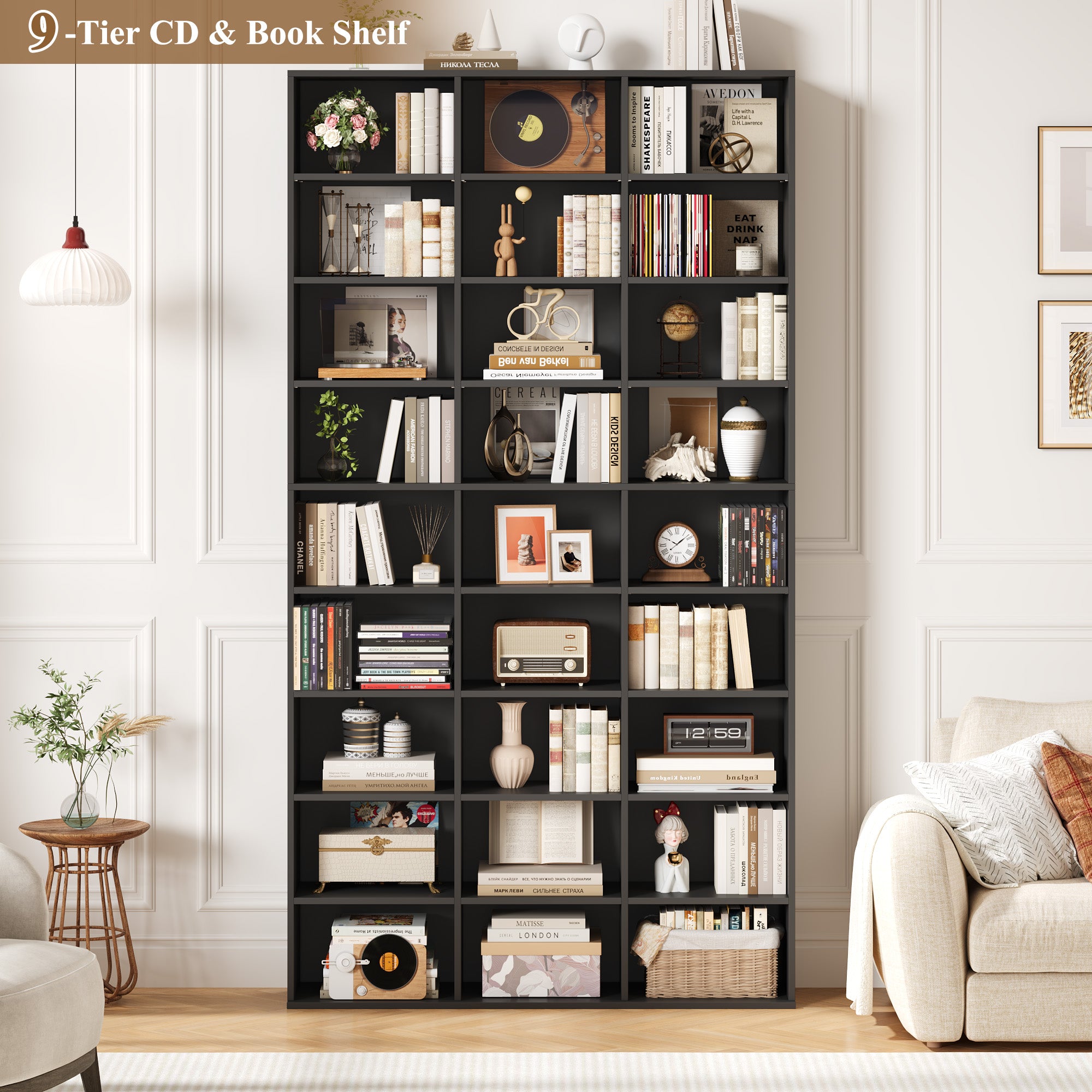 Hiphuta 27-Cube 9-Tier Bookcase, 75" Tall Triple-Wide CD Media Storage Organizer with 15 Adjustable Shelves, Freestanding Display Shelf, Black