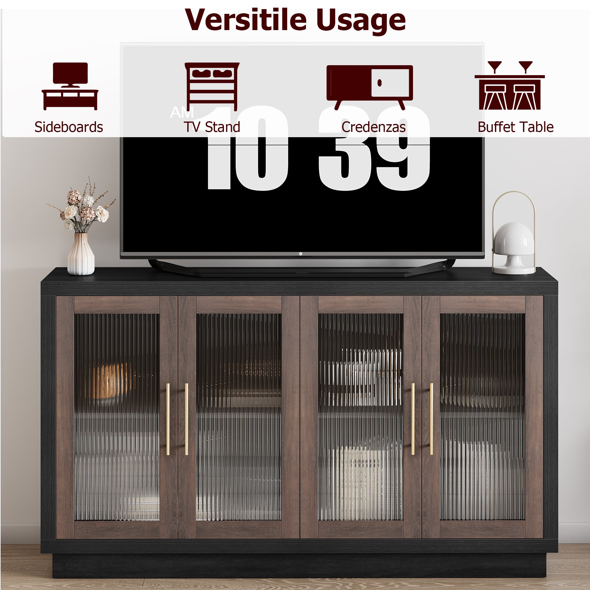 Hiphuta 55” Large Modern Buffet Sideboard, Credenza Storage Cabinet with Glass Doors 2 Adjustable Shelves, White