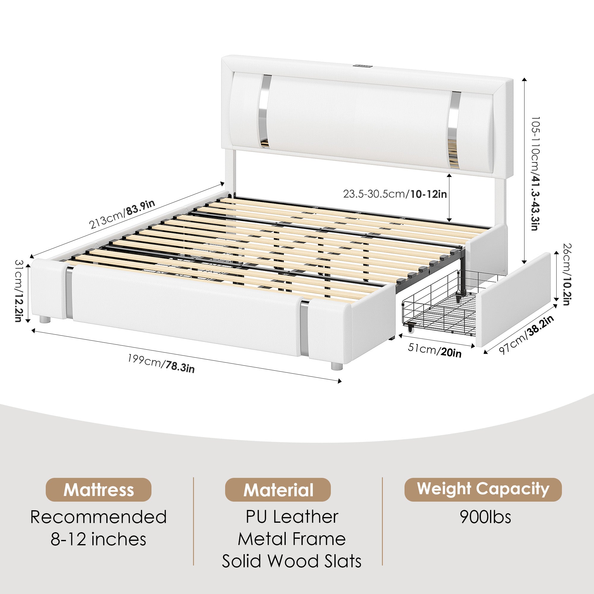 Hiphuta Queen Bed Frame with Adjustable Headboard & LED lights, Modern Upholstered Faux Leather Smart Platform with USB Charging Ports & 2 Drawers, White