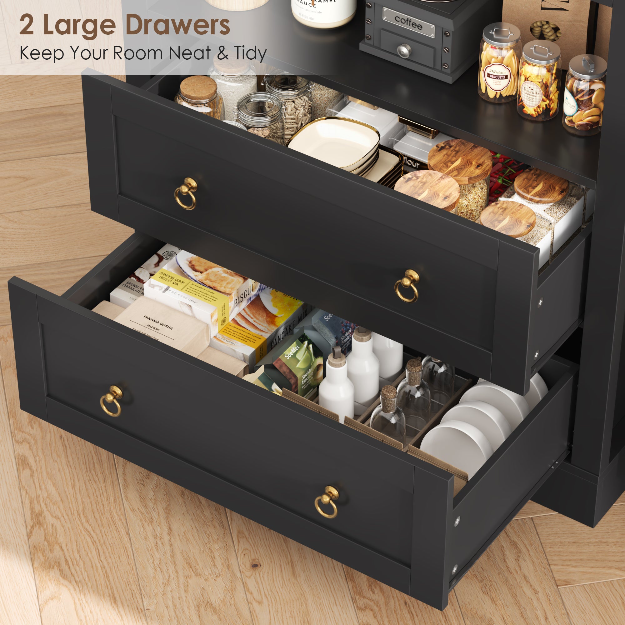 Hiphuta 70” Tall Arched Kitchen Pantry Storage Cabinet with 2 Large Drawers and 4 Open Shelves, Freestanding Modern Farmhouse Versatile Hutch Cupboard for Dining Room, Black