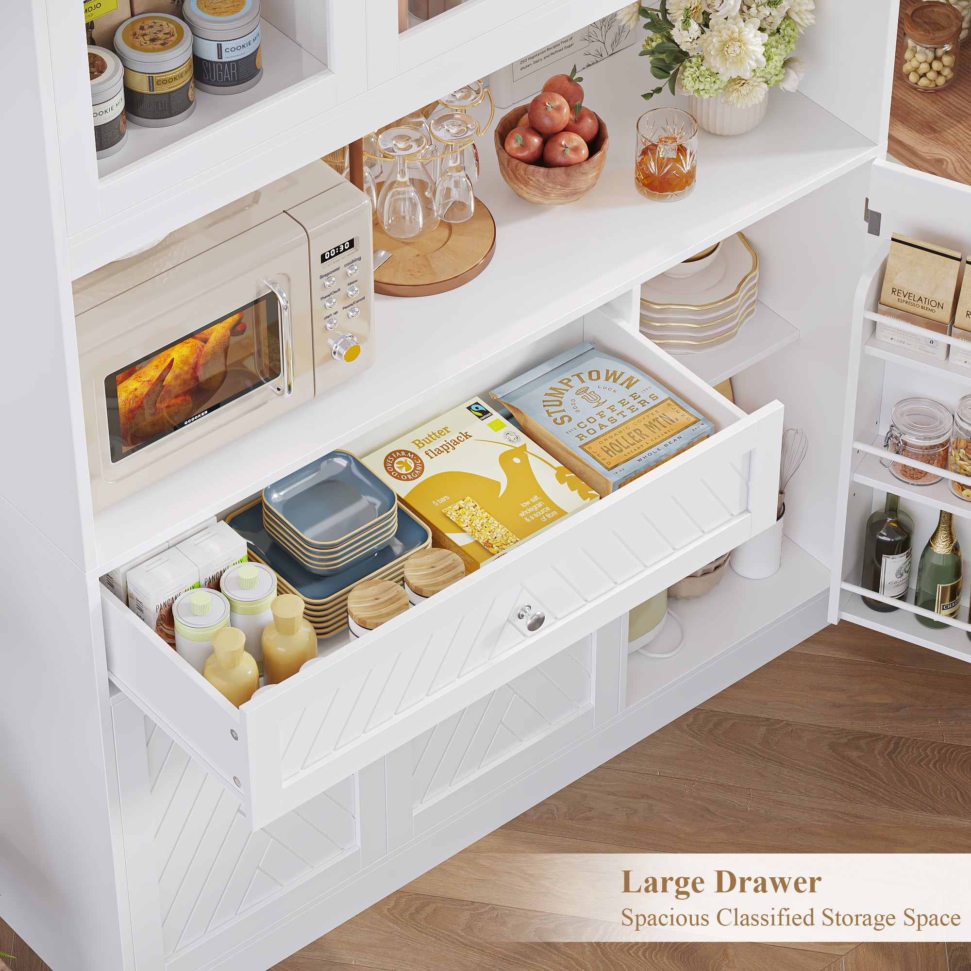 Hiphuta 72" Tall Modern Pantry Cabinet with Adjustable Shelves, Freestanding Kitchen Hutch Cabinet for Dining Room, White