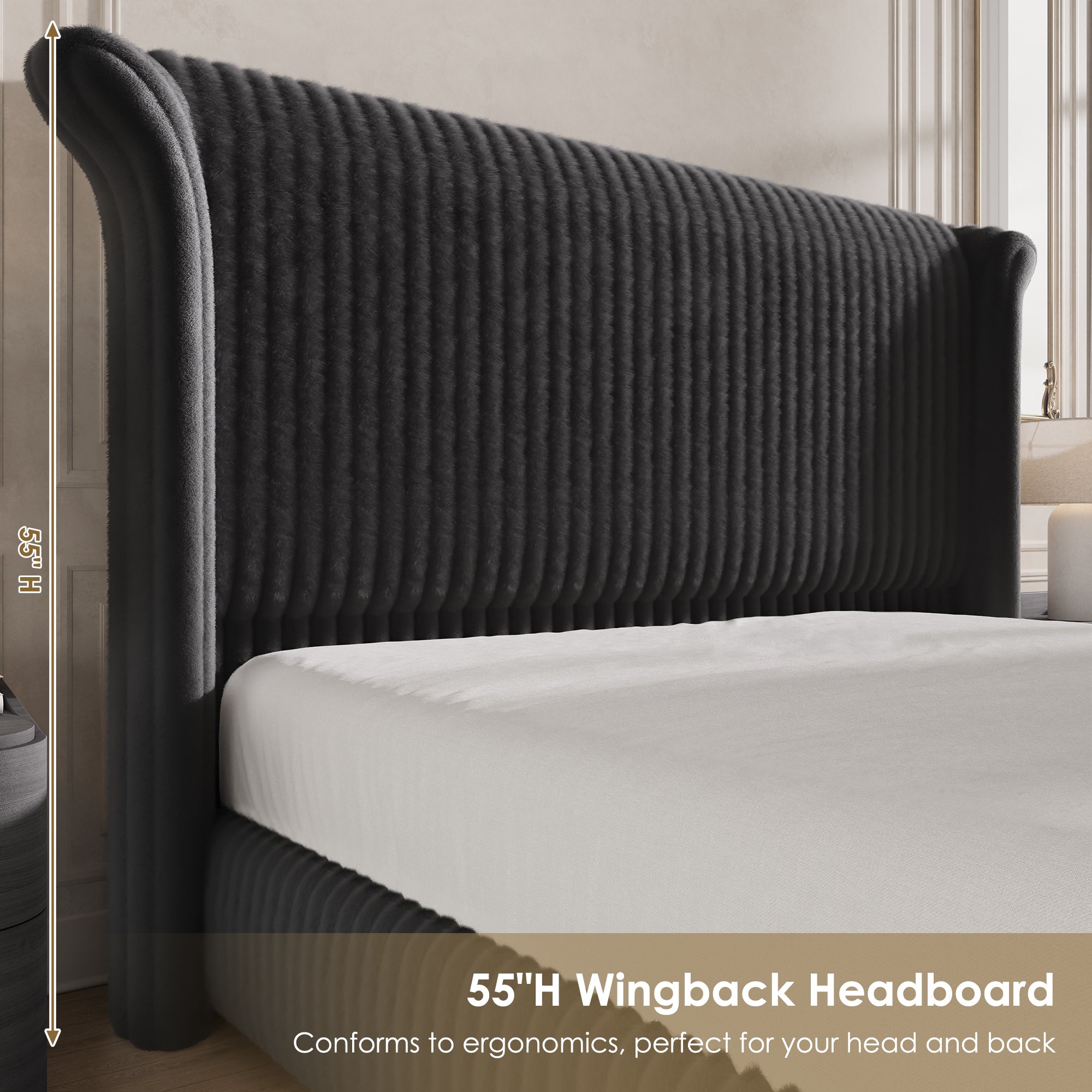 Hiphuta Modern King Size Corduroy Upholstered Bed Frame, LED Platform Bed Frame with 55"H Vertical Stripe Tufted Corduroy Velvet Wingback Headboard, Black