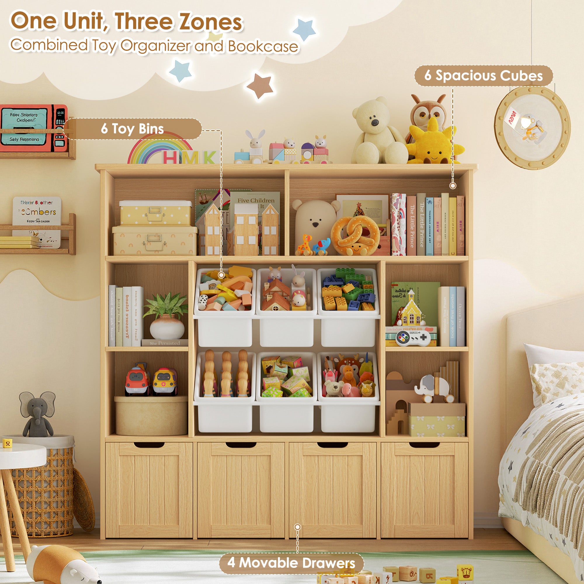 Hiphuta Large 4 Tier Kids Bookcase, Wood Toy Organizer of 6 Boxes & 4 Removable Drawers, Bookshelf for Kids Room Classroom, Natural