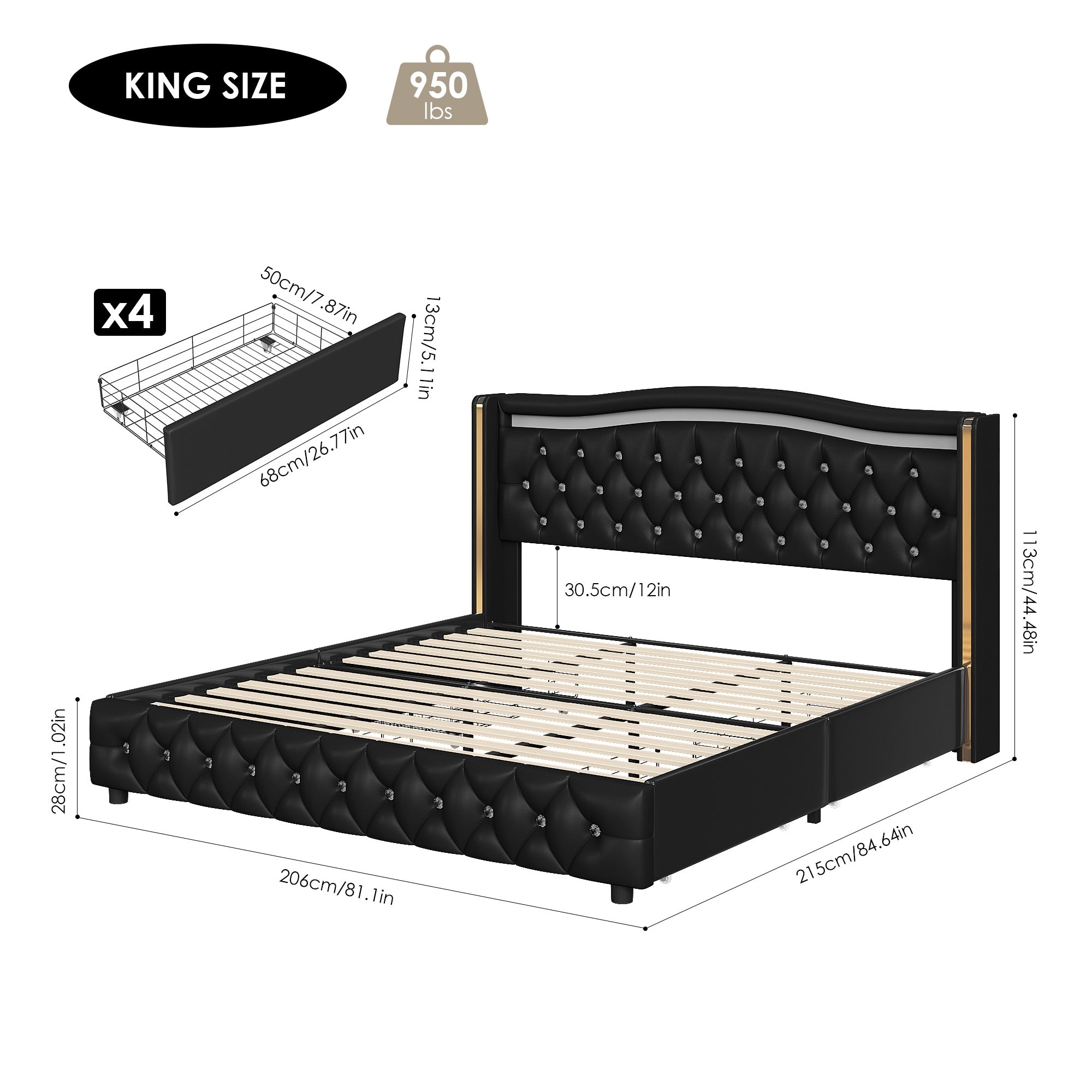 Hiphuta King Platform Bed Frame with 4 Storage Drawers, Crystal Button-Tufted Wingback Headboard, Modern PU Upholstered, Black