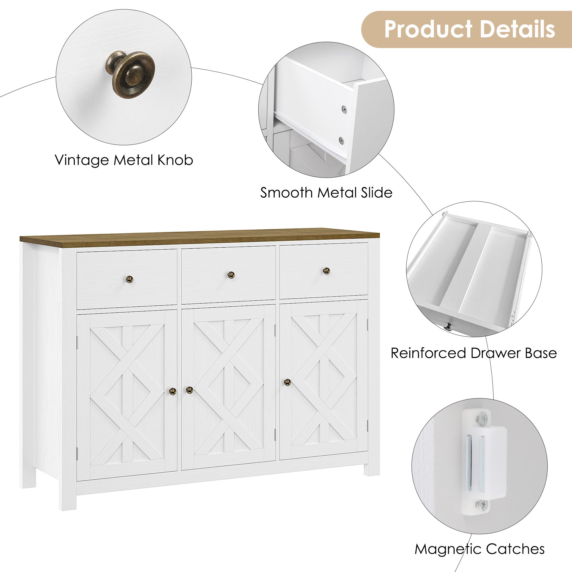 Hiphuta Farmhouse Kitchen Buffet Sideboard with 3 Drawers, Wood Storage Cabinet with Adjustable Shelves, White