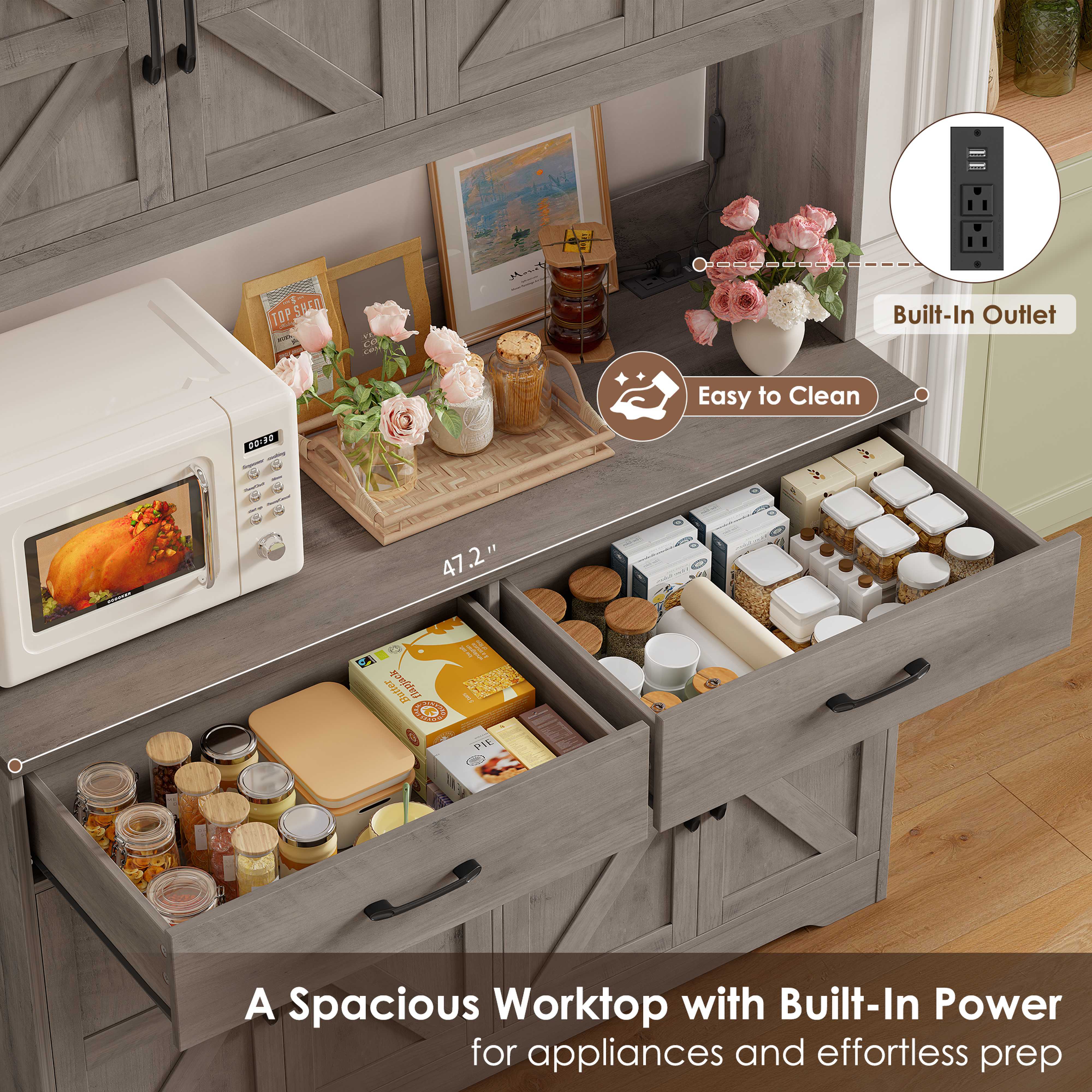 Hiphuta 71" Tall Kitchen Pantry Storage Cabinet with RGB LED and 6 Metal Hooks, Farmhouse Coffee Bar Cabinet with Charging Station, Buffet with Hutch and Microwave Stand, Gray