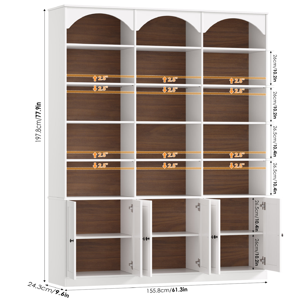 Hiphuta 78" Tall Triple Wide Bookcase with 6 Adjustable Shelves, Large Arched Book Shelf with 15 Cubes and 6 Doors, for Home Office Living Room, White & Walnut