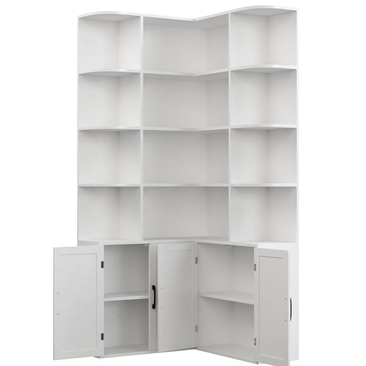 Hiphuta 6 Tier Corner Bookcase with 4 Doors, Farmhouse Large Corner Bookcase for Office Living Room, White