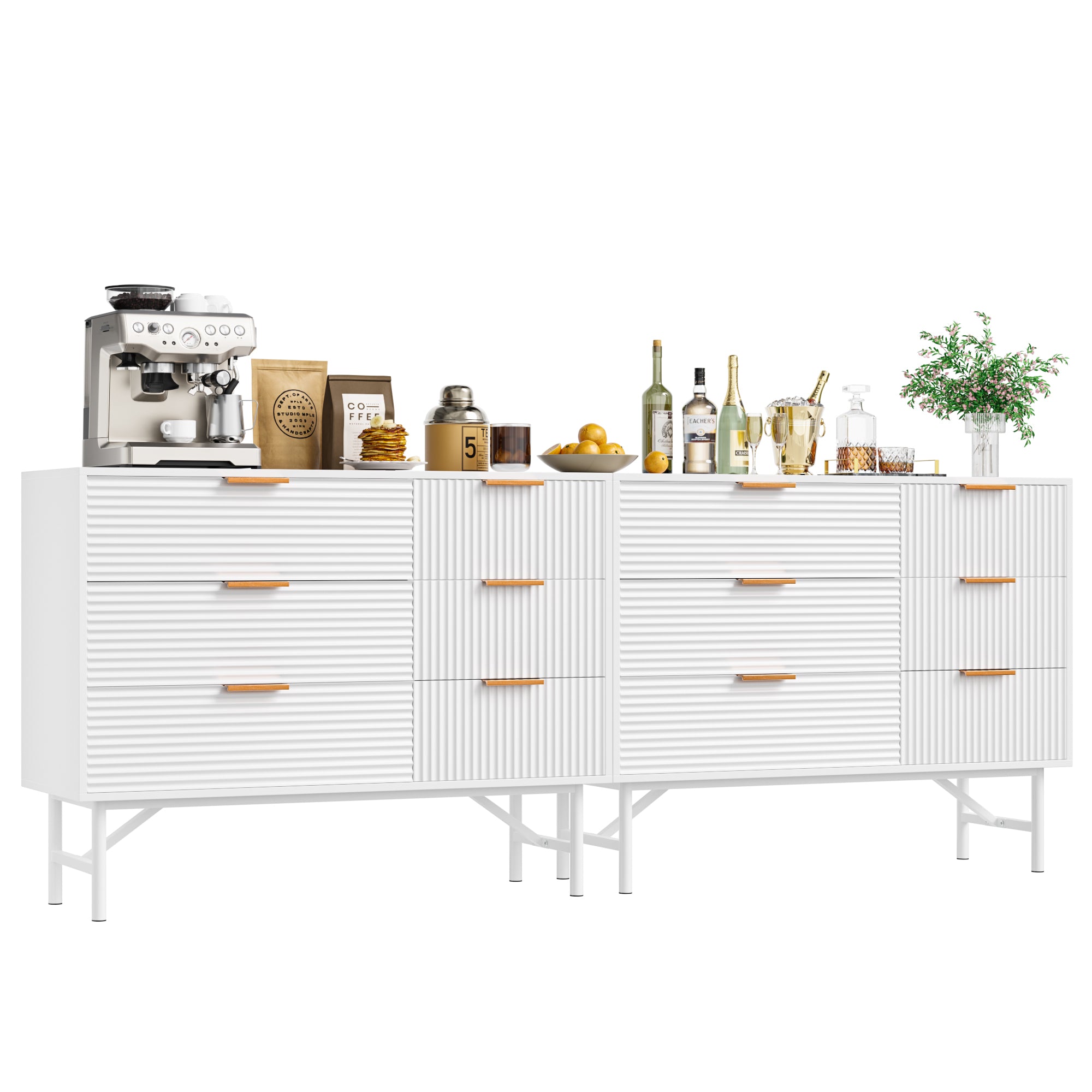 Hiphuta 85” Long Kitchen Buffet Cabinet with 6 Creamy Wave Panel Wood Drawers, Large Sideboard Storage Cabinet, White