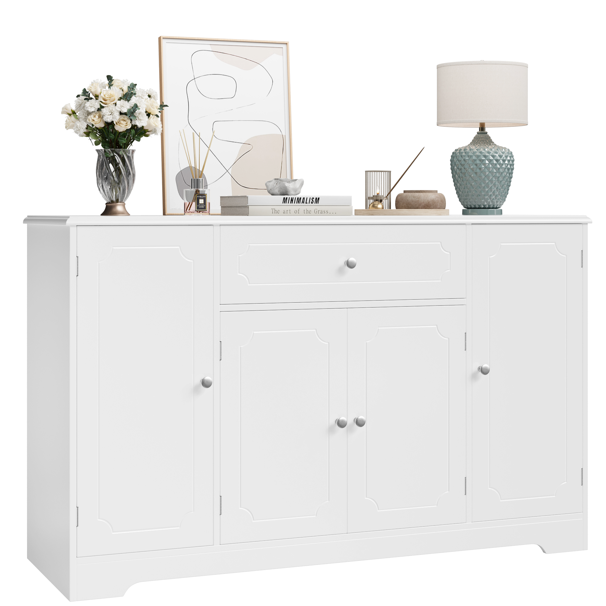 Hiphuta 47.2"W Kicthen Sideboard Buffet with 1 Drawer & 4 Doors, Storage Cabinet with Adjustable Shelves, White