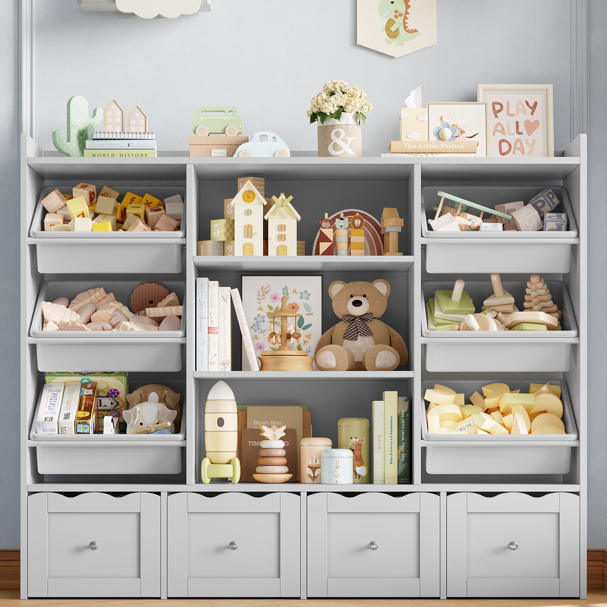 Hiphuta 55" Wide Toy Storage Organizer with 4 Removable Drawers, 4-Tier Kid Bookcase with 6 Bins, Toy Organizer with Bookcase for Kid Bedroom Playroom, Gray
