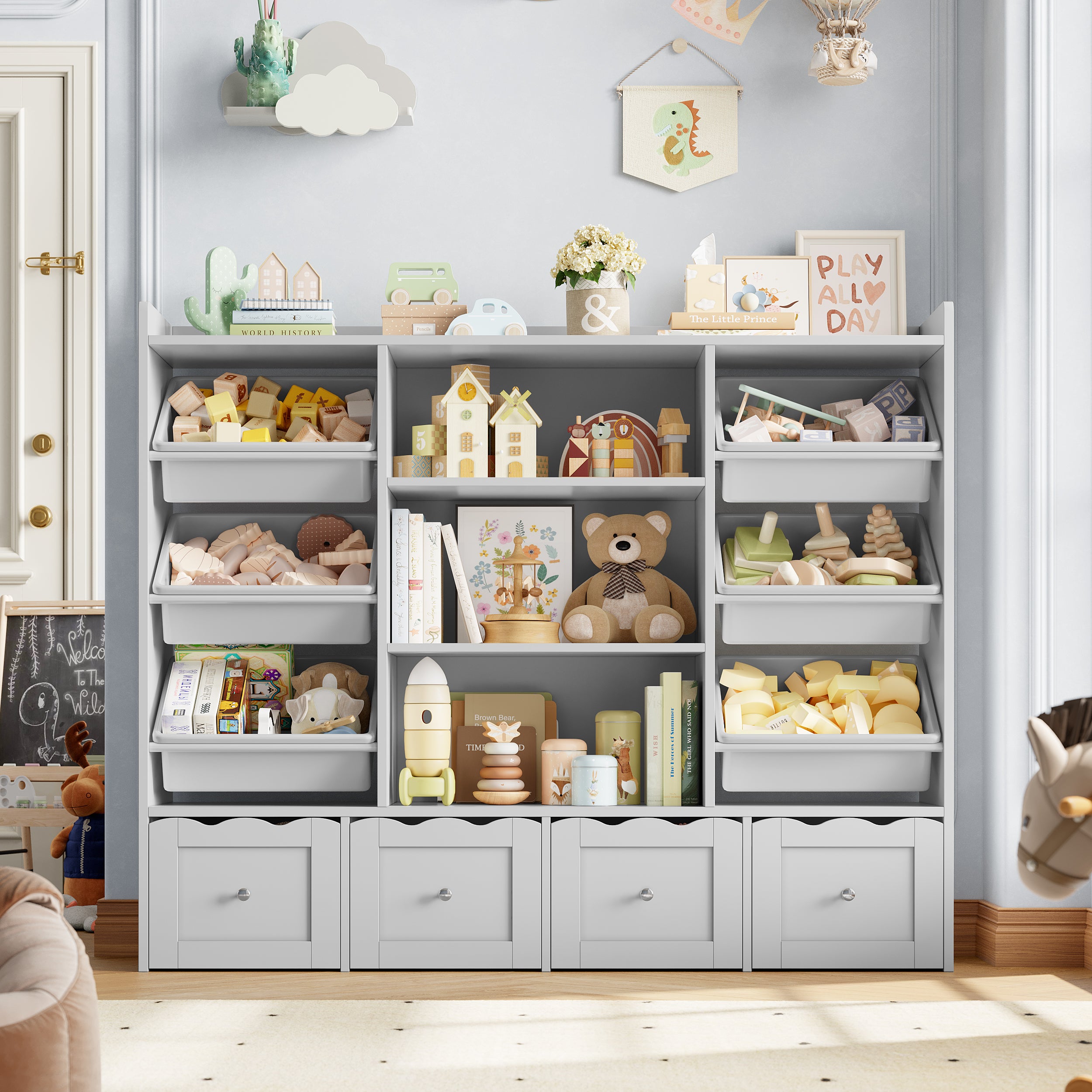Hiphuta 55" Wide Toy Storage Organizer with 4 Removable Drawers, 4-Tier Kid Bookcase with 6 Bins, Toy Organizer with Bookcase for Kid Bedroom Playroom, Gray