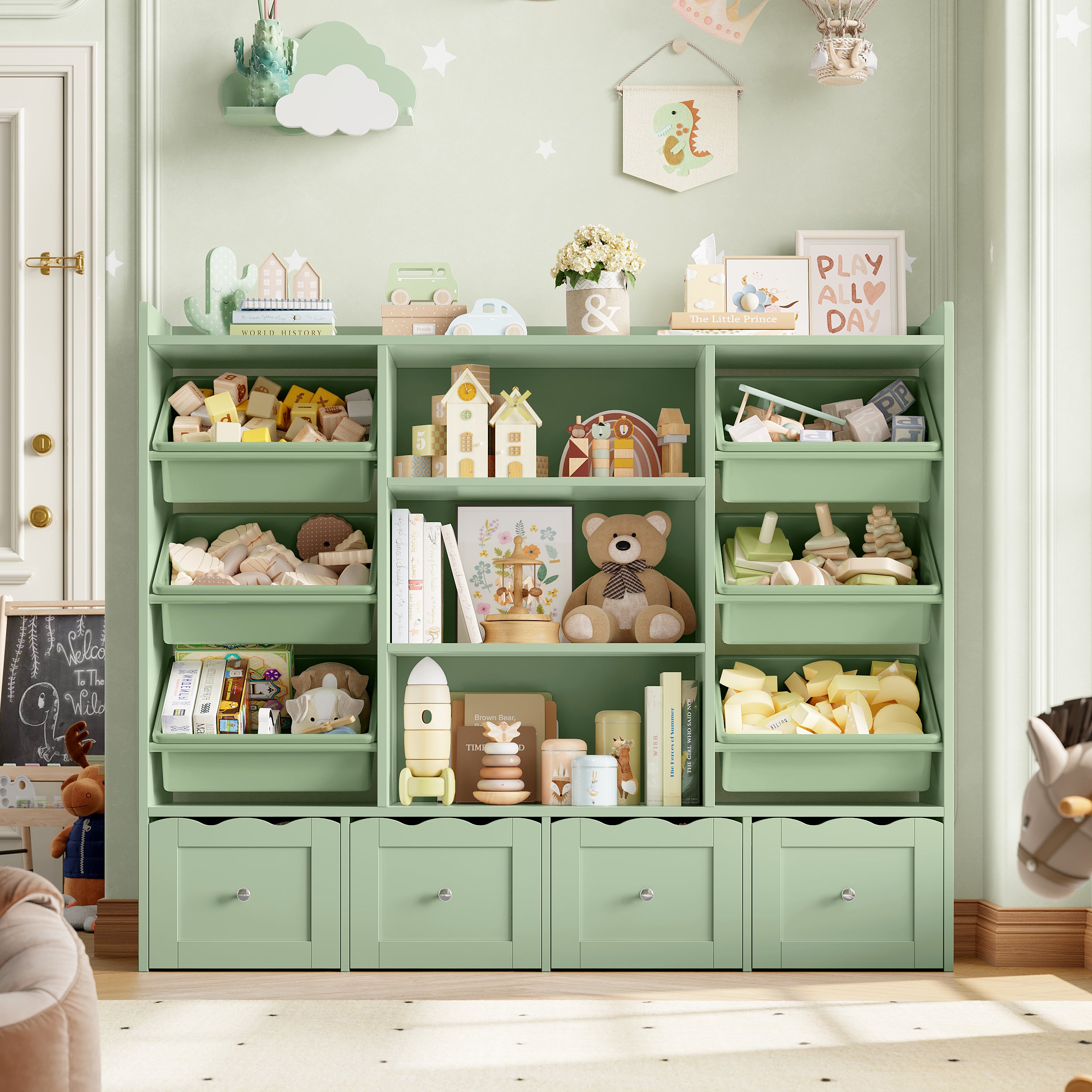 Hiphuta 55" Wide Toy Storage Organizer with 4 Removable Drawers, 4-Tier Kid Bookcase with 6 Bins, Toy Organizer with Bookcase for Kid Bedroom Playroom, Green