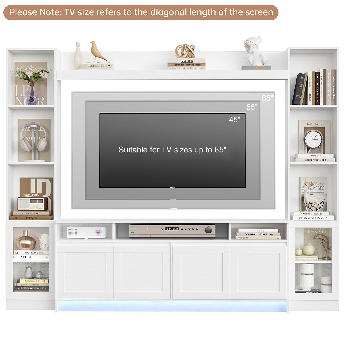 Hiphuta 79" W Wall Unit Entertainment Center for TVs up to 65", Farmhouse Wall Unit TV Stand with Bookshelves and Cabinet, Entertainment Center with LED Lights for Living Room, White