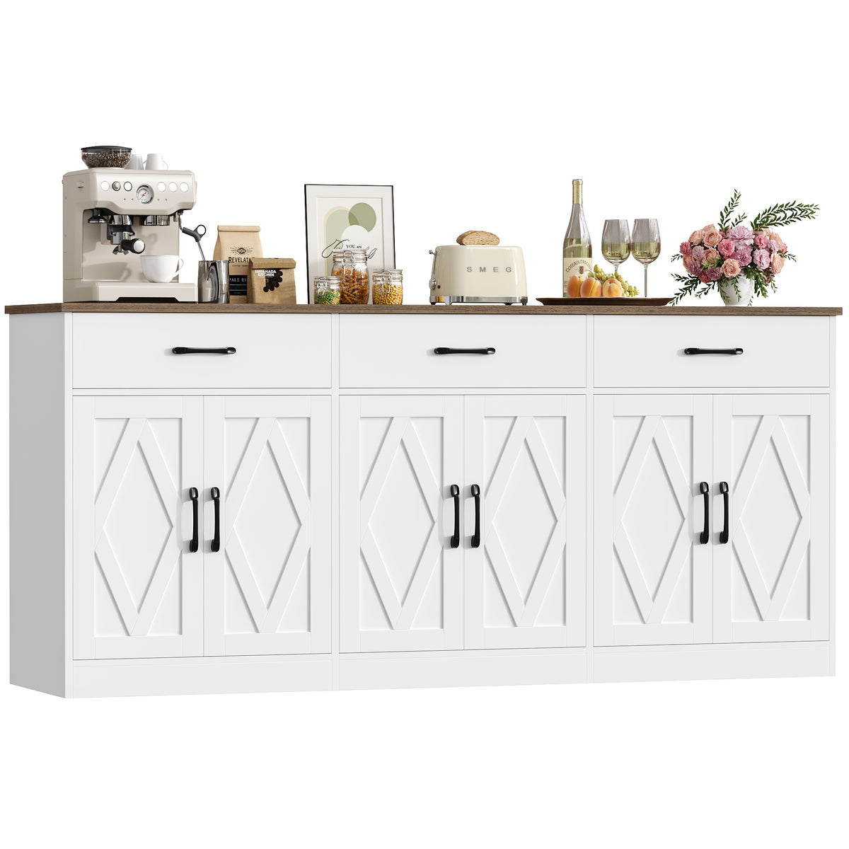 Hiphuta 71"W Large Farmhouse Buffet Cabinet with 6 Doors, Sideboard with 3 Drawers, Coffee Bar for Kitchen Dining Room Living Room, White