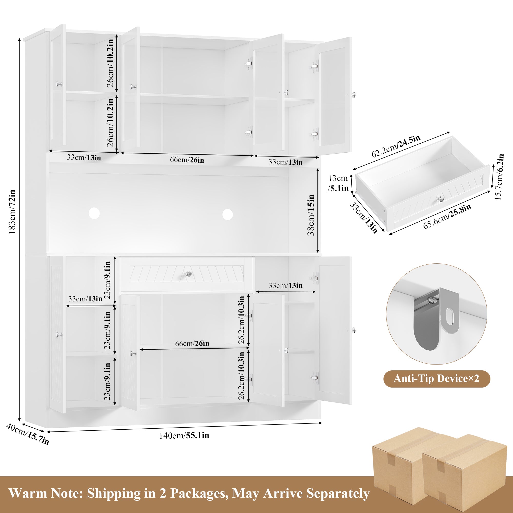 Hiphuta 72" H Kitchen Pantry Cabinet with Frosted Glass Door, Farmhouse Kitchen Storage Cabinet with Cable Management, Large Kitchen Hutch for Kitchen Dining Room,White