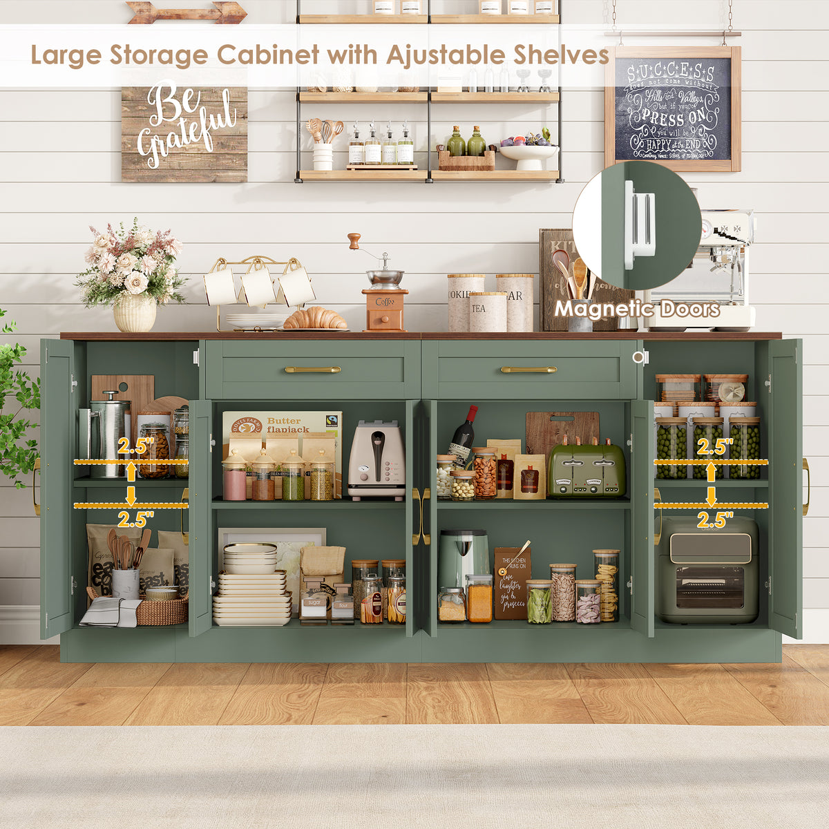 Hiphuta 70.8"W Large Buffet Cabinet with 6 Doors, Modern Farmhouse Sideboard with 2 Drawers, Coffee Bar for Kitchen Dining Room Living Room, Green