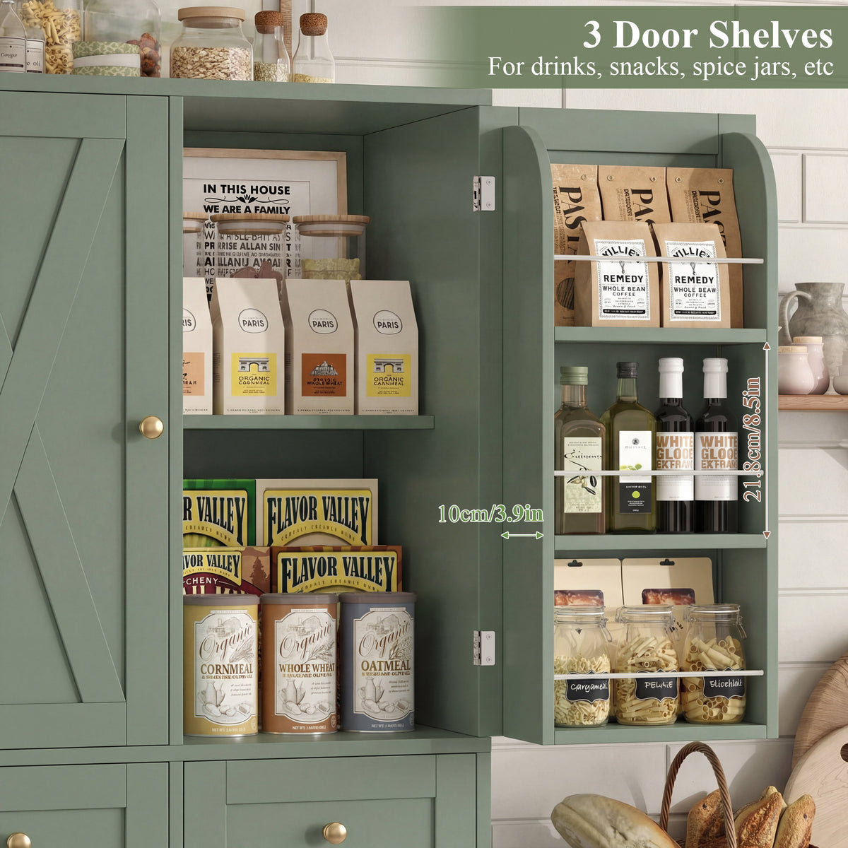 Hiphuta Farmhouse Kitchen Pantry Cabinet with Doors, Large Pantry Stroage Cabinet for Kitchen Dining Room, Green