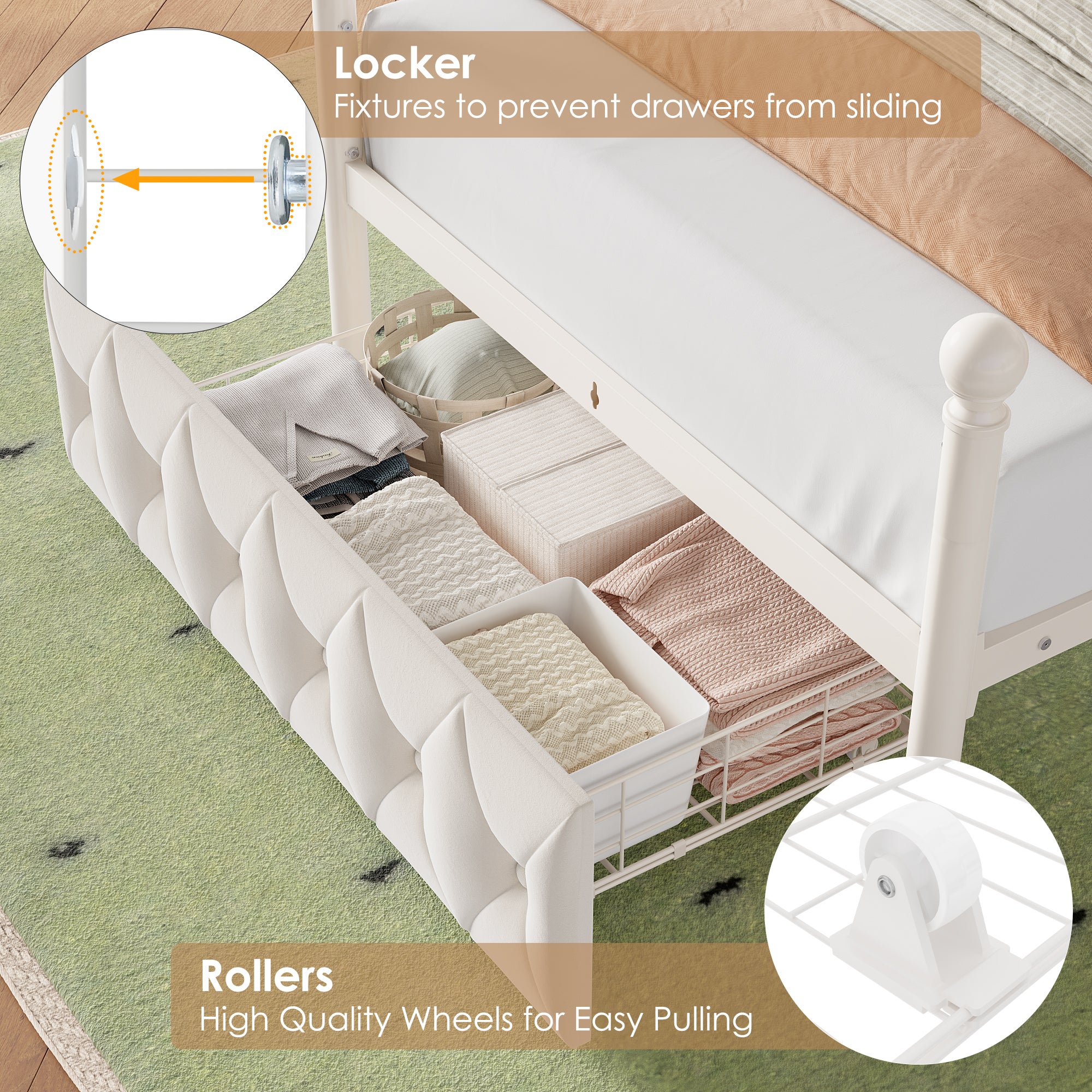 Hiphuta Twin Size Crown Canopy Bed with Power Outlet & LED, Upholstered Princess Beds with 4 Removable Posts, Twin Bed Frame, White