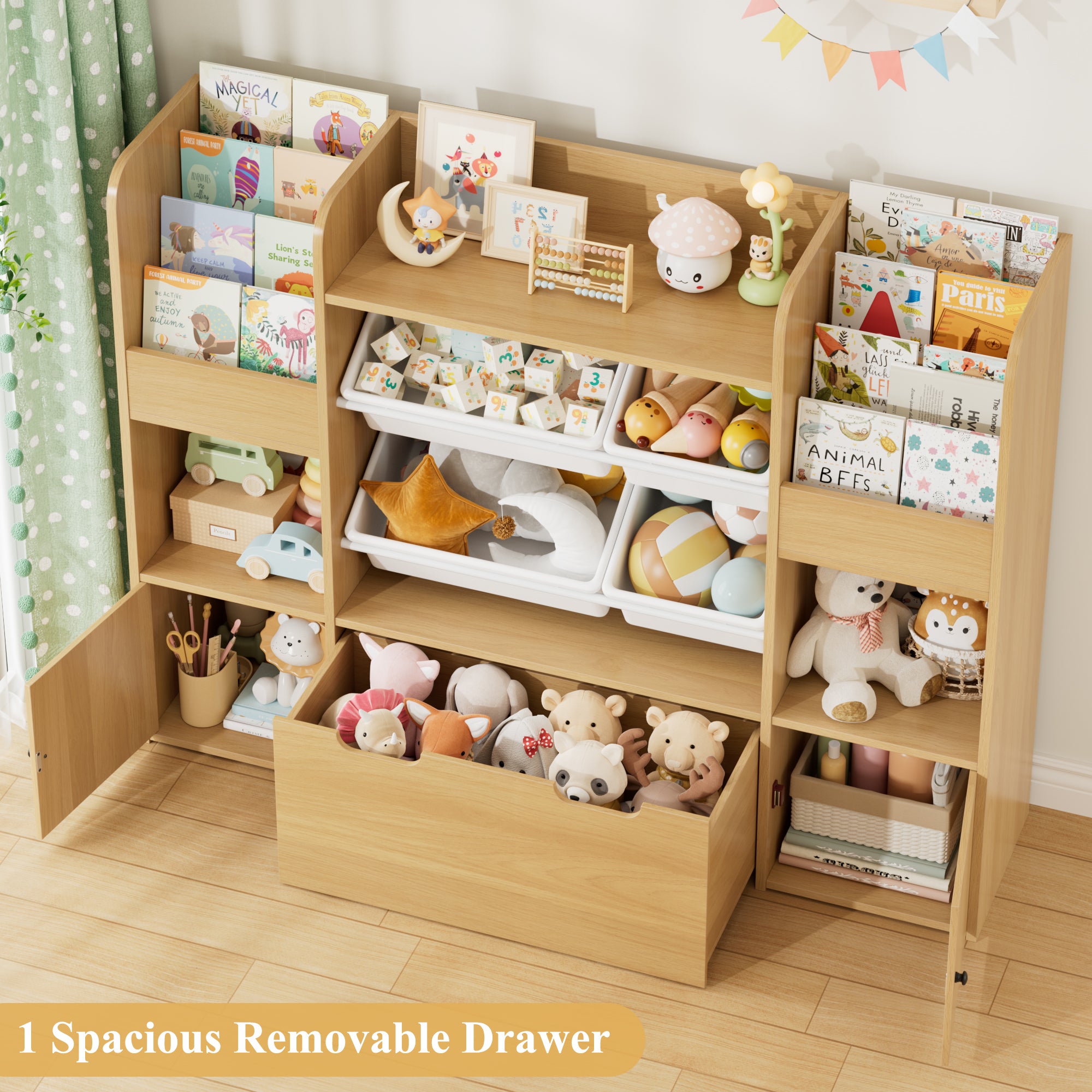 Hiphuta Kids Bookcase Toy Storage Organizer, Wooden Toy Organizer of 4 Bins& 1 Removable Drawers for Home Bedroom, Kids Bookshelf Toy Box with Book Rack, Natural