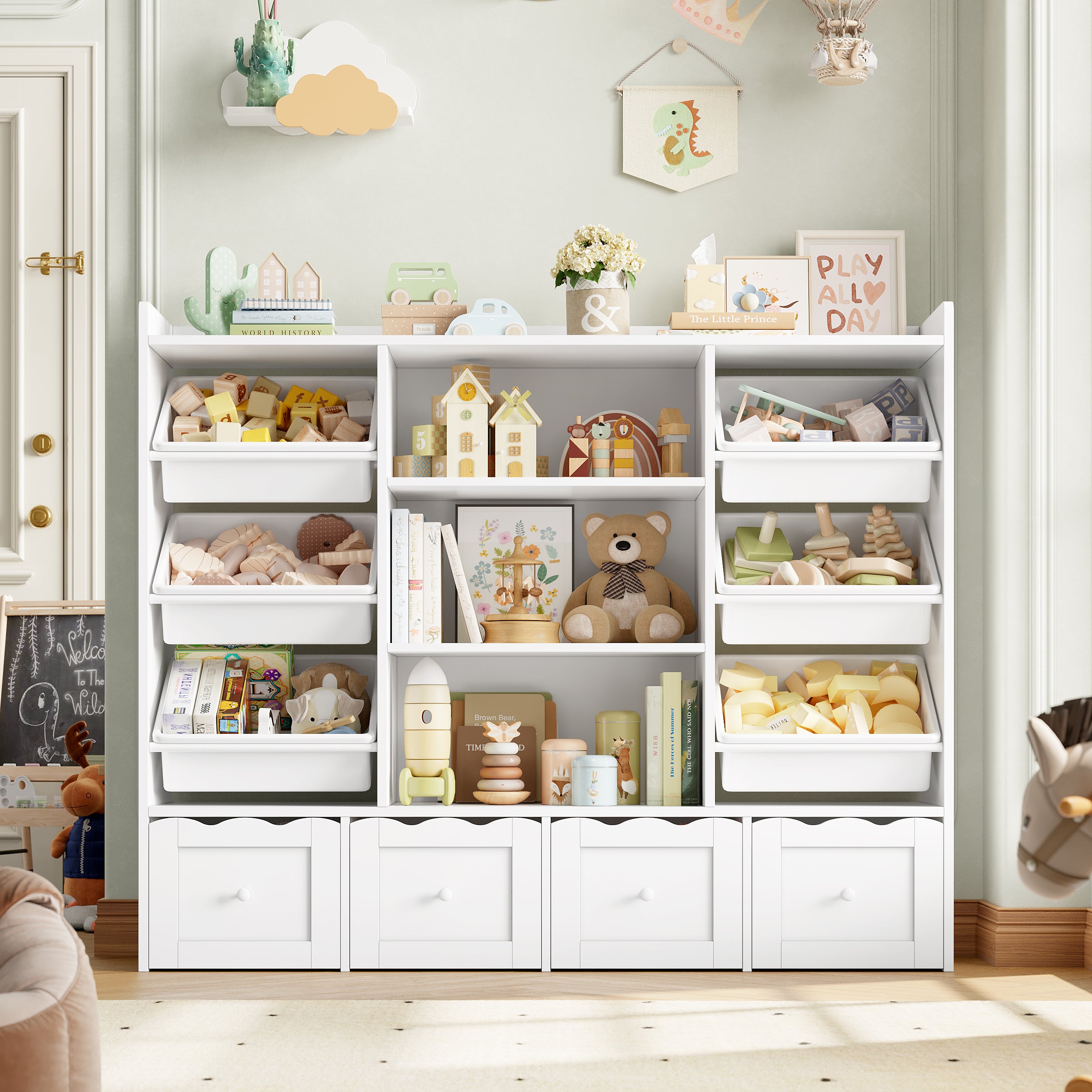 Hiphuta 55" Wide Toy Storage Organizer with 4 Removable Drawers, 4-Tier Kid Bookcase with 6 Bins, Toy Organizer with Bookcase for Kid Bedroom Playroom, White