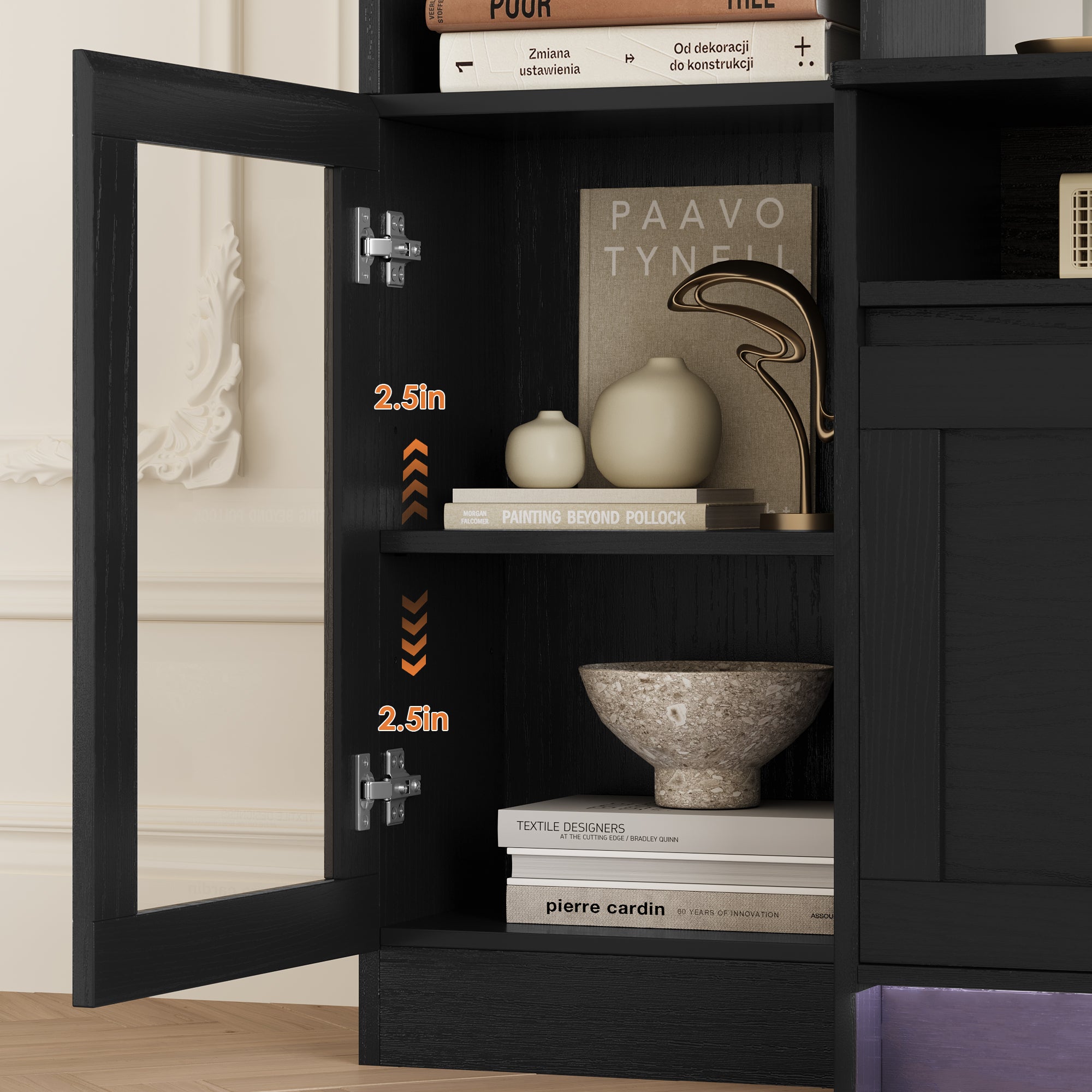 Hiphuta 79" W Wall Unit Entertainment Center for TVs up to 65", Farmhouse Wall Unit TV Stand with Bookshelves and Cabinet, Entertainment Center with LED Lights for Living Room, Black